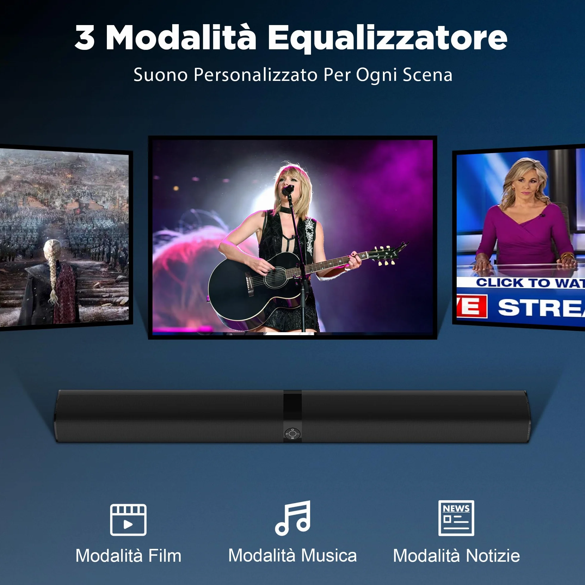 GarageRock Sound Bar per TV, Soundbar TV 2 in 1 divisibile con regolazione automatica del volume, altoparlanti TV stereo con 3 modalità EQ, Bluetooth 5.3, ARC/Opt/AUX, Soundbar per TV/proiettori, 1pcs