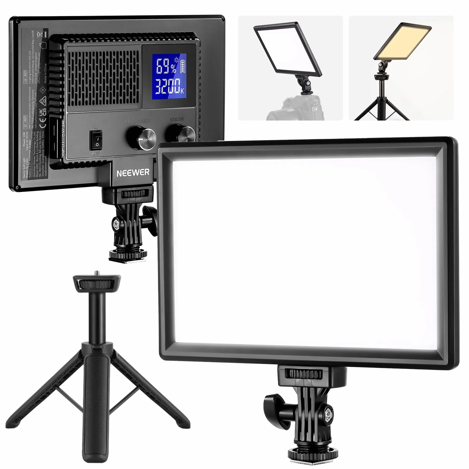 NEEWER 9" Pannello Luce LED, luci soffusa dimmerabile per fotocamera DSLR con mini treppiede, batteria 4000mAh, porte USB tipo C, 3200K~5600K CRI95+ 600Lux per fotografia, video, streaming, NL-116AI