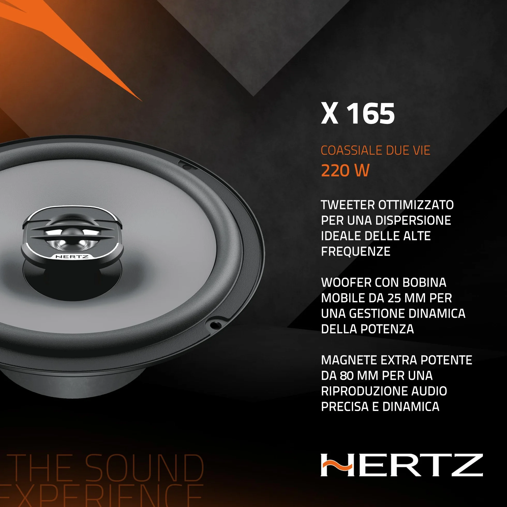 Hertz X 165 – Coppia di Altoparlanti Coassiali 2 Vie da 165 mm, 220W Peak, 55W RMS, 4 Ohm, Cono in Carta Pressata Idrorepellente, Tweeter in PEI da 24 mm, Installazione DIN Facile