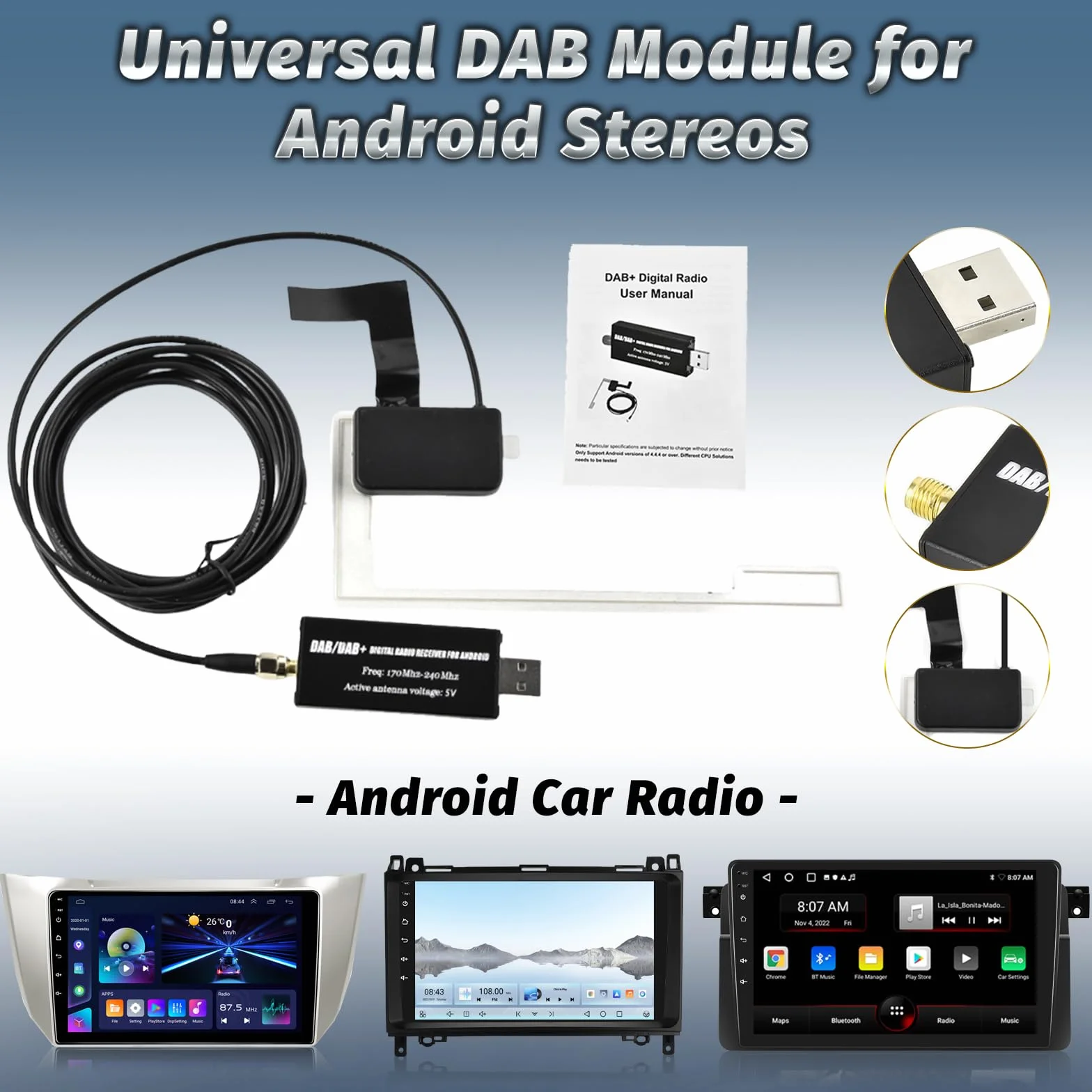 DAB Adattatore per Autoradio Android, Ricevitore Digitale DAB+ USB con Antenna Universale, Tuner Box con App, Facile Installazione Plug and Play