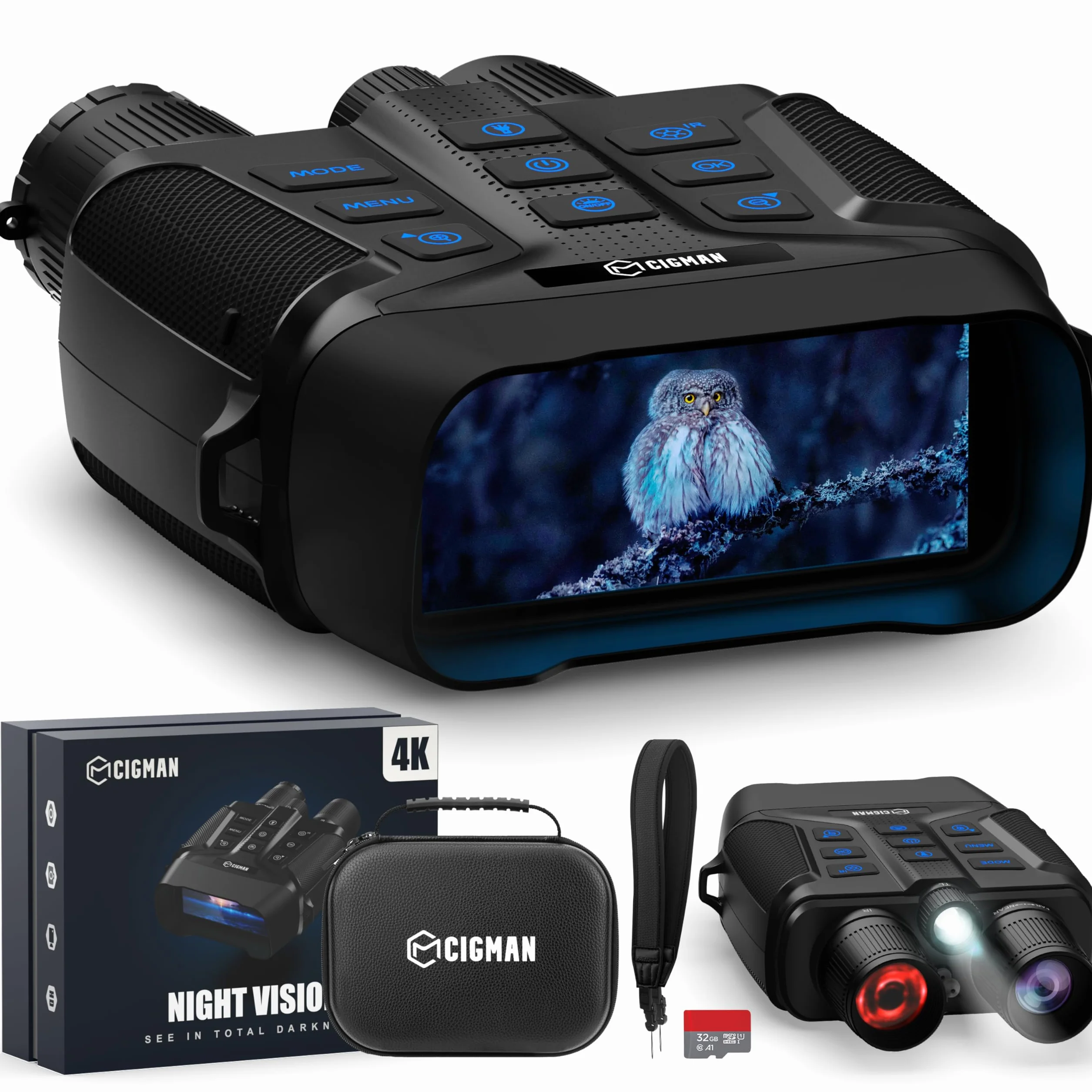 Visore Notturno, CIGMAN 4K Binocolo Visore Notturno con Portata di 1490FT/600M, 58MP HD Visione Notturna Ricaricabile con Zoom Digital 5X, con Torcia Elettrica, per la Caccia, Birdwatching, Campeggio