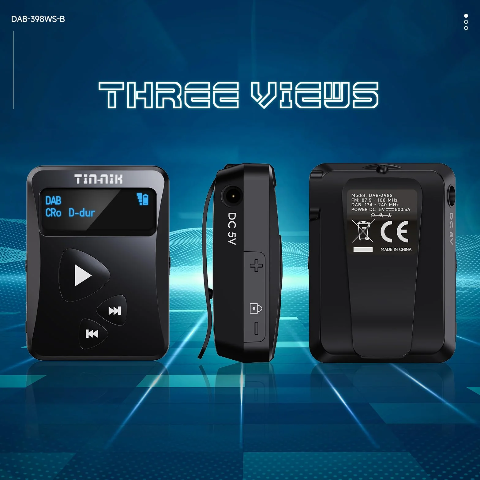Tin-Nik DAB-398WS-B Portable DAB/DAB+/FM Radio, Mini Radio Digitale Tascabile RDS FM con Batteria Ricaricabile, Auricolari, Scelta Grandi e Piccole Dimensioni