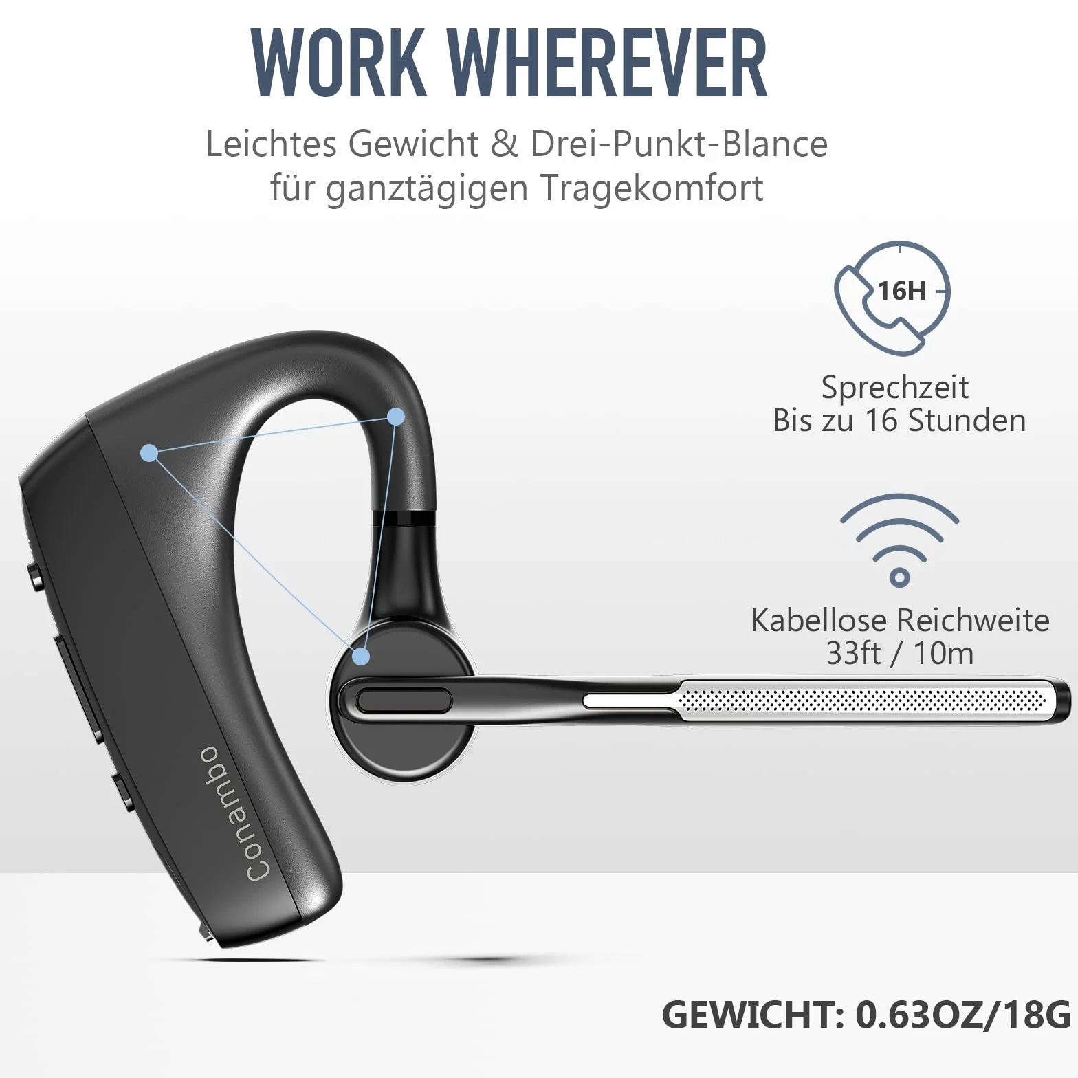 Conambo K18 - Cuffie Bluetooth V5.1 CVC8.0 con cancellazione rumore, 16 ore conversazione, auricolare microfono cellulare camionista, autista ufficio