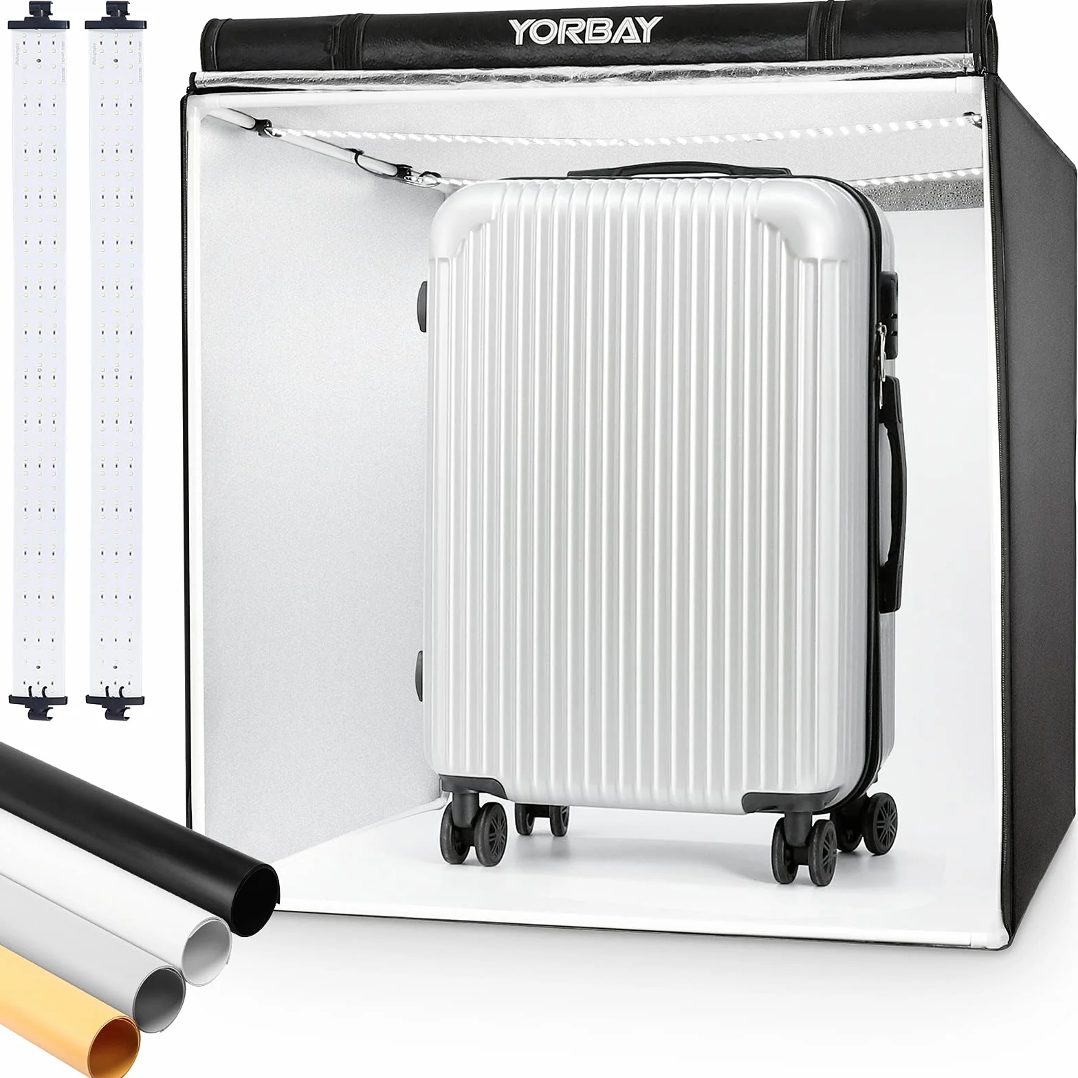 Yorbay Fotostudio Set per studio fotografico 80 x 80 x 80 cm, CRI 95+, con 4 pellicole in PVC (nero, bianco, grigio, bianco caldo)