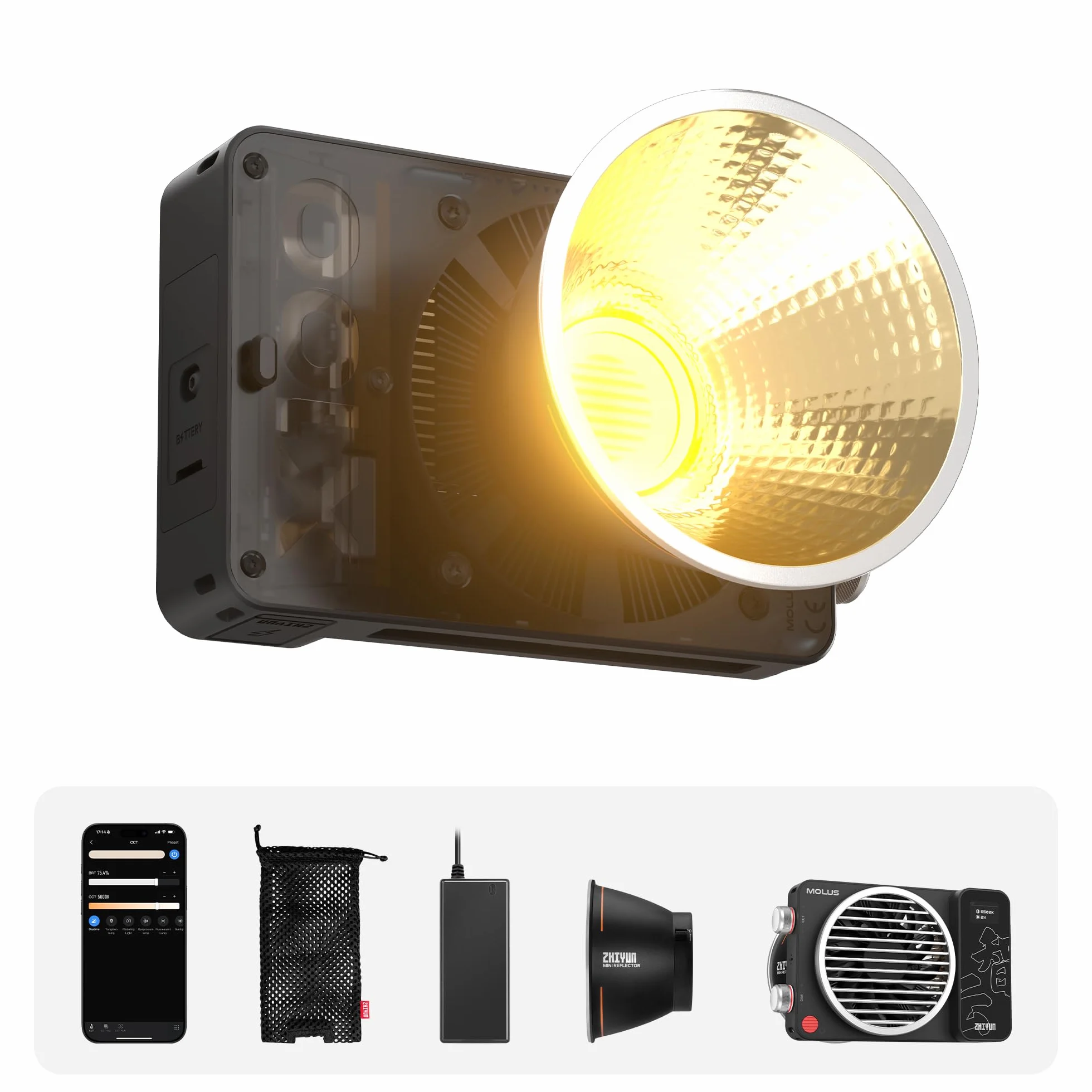 Luce video bicolore ZHIYUN MOLUS X100 da 100 W [Ufficiale], luce video portatile COB v2 aggiornata con 17317 Lux/2700~6500K/CRI≥95/TLCI≥97/Controllo APP