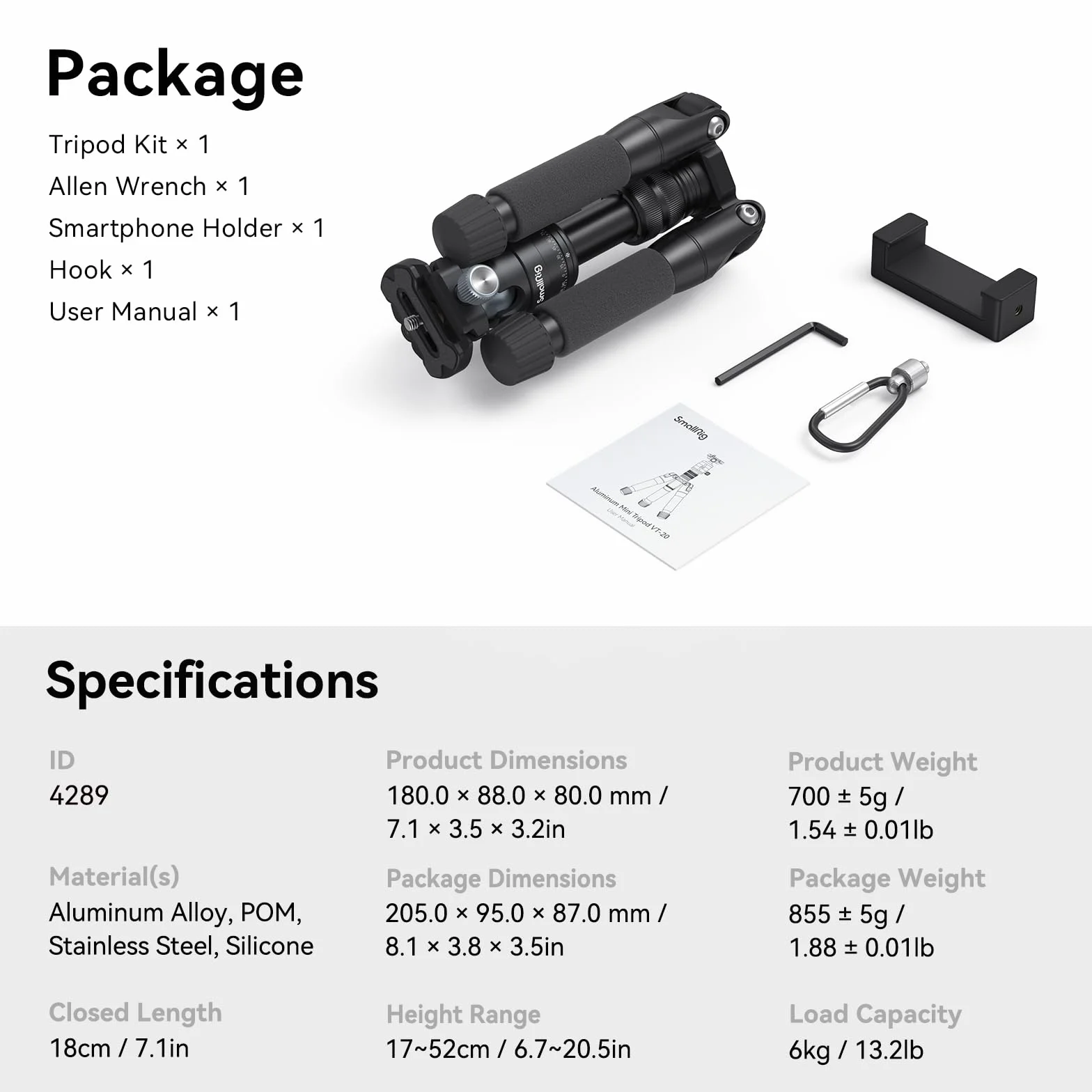 SMALLRIG Mini Treppiede in Alluminio da 20 pollici/ 52 cm, Treppiede da Tavolo con Testa a Sfera a 360°, Treppiede da Tavolo Compatto per Videocamera DSLR, Carico Fino a 13 Libbre/6 kg - 4289