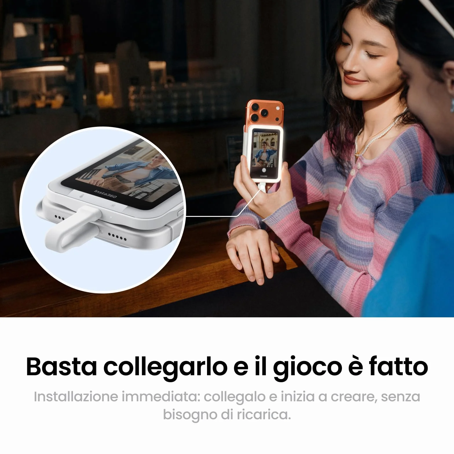 Insta360 Snap Schermo per selfie con luce - Schermo 4K magnetico ideale per selfie e vlogging, compatibile con iPhone 15/16/17 Pro, luce regolabile, controllo touchscreen, collegamento immediato