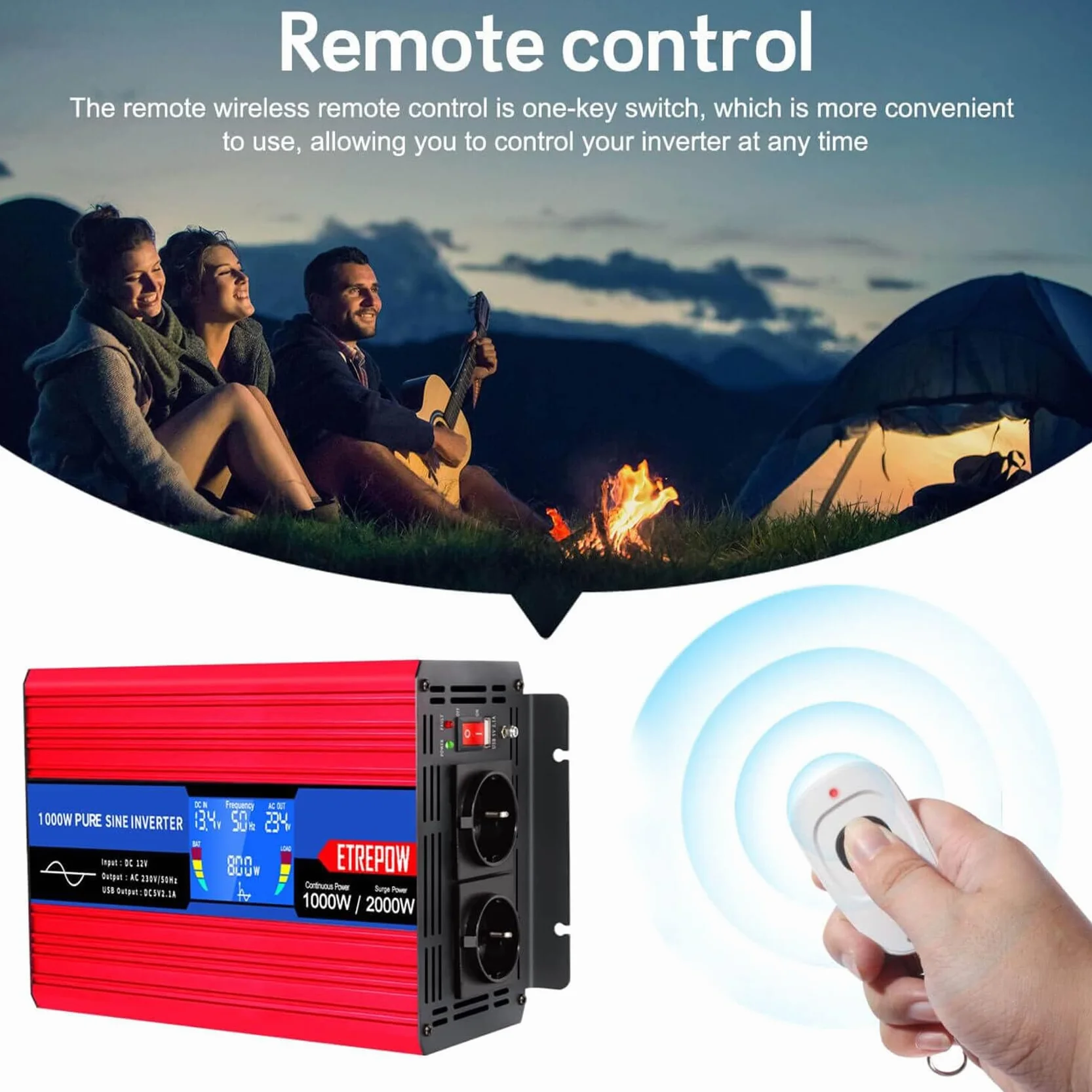 1000W Inverter 12V 220V Onda Sinusoidale Pura Trasformatore Con 2 Prese EU e USB, Telecomando Senza Fili,Display LCD,Picco 2000W