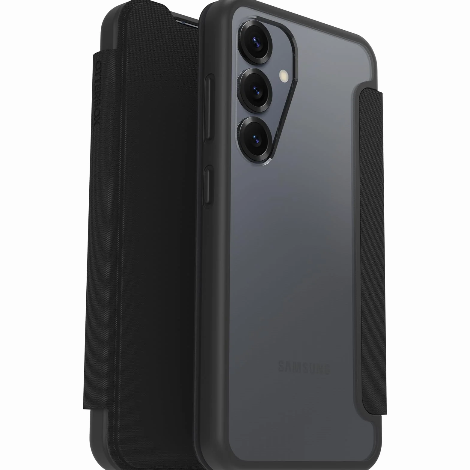 OtterBox Cover React Series Folio per Samsung Galaxy S25, resistente a shock e cadute, slot carte di credito, testata a norme MIL STD 810G, Trasparente/Nero