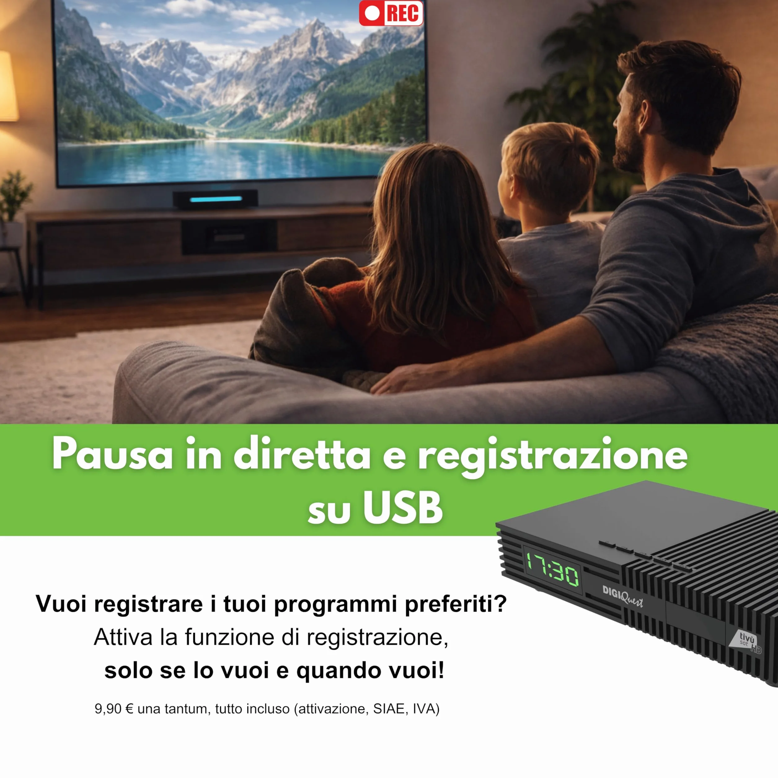 DIGIQUEST Decoder Tivùsat Ti9 con Smartcard Inclusa | Collega e guarda subito | Facile da installare | Telecomando 2in1 | Funzione di registrazione attivabile | DVB-S2 | HDR10/ HLG | Merlin