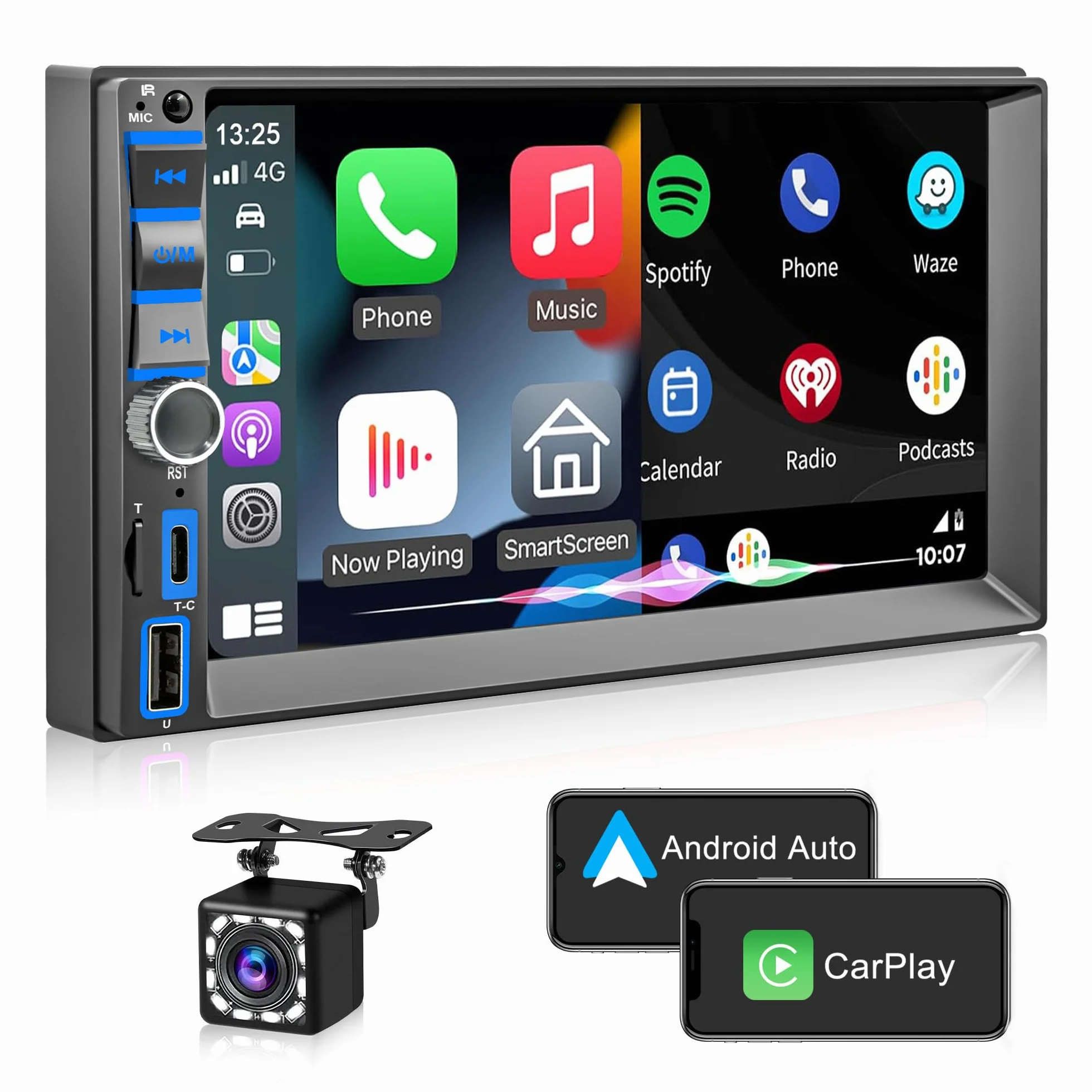 Wireless Autoradio 2 Din Bluetooth Compatibile con CarPlay e Android Auto,2 Din Stereo Bluetooth con Assistente Vocale Schermo HD da 7'' con Backup Camera/Mirror Link/GPS Navi/AM/RDS/FM/USB/SWC/Type-C