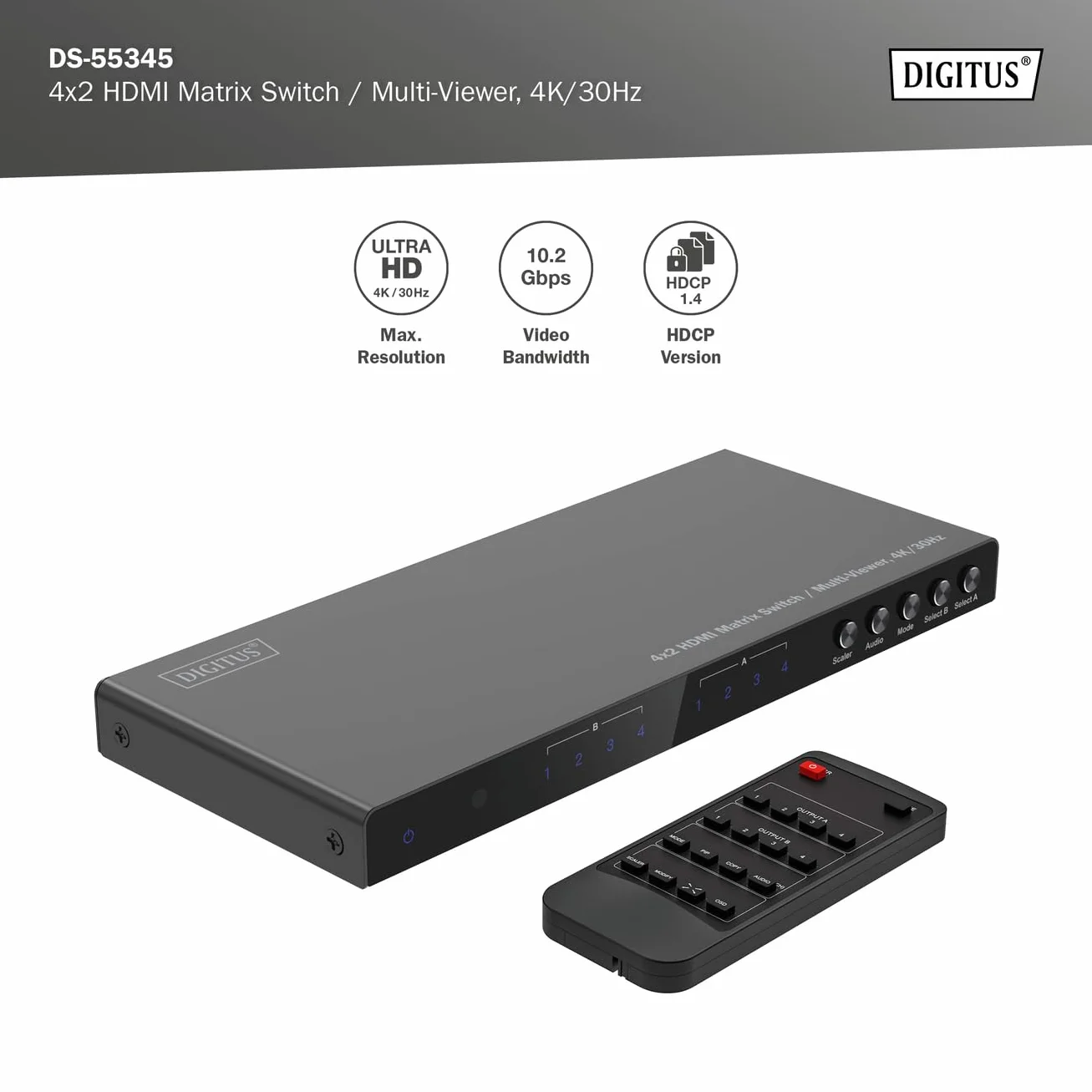 DIGITUS DS-55345 Switch a matrice HDMI 4x2-4 ingressi 2 uscite - UHD 4K/30 Hz HDTV: 3840 x 2160p - HDCP 1.4 e HDMI 1.4b - Multi-Viewer, Split-Screen, PIP - RS232, Audio (Toslink, Stereo 3,5mm)