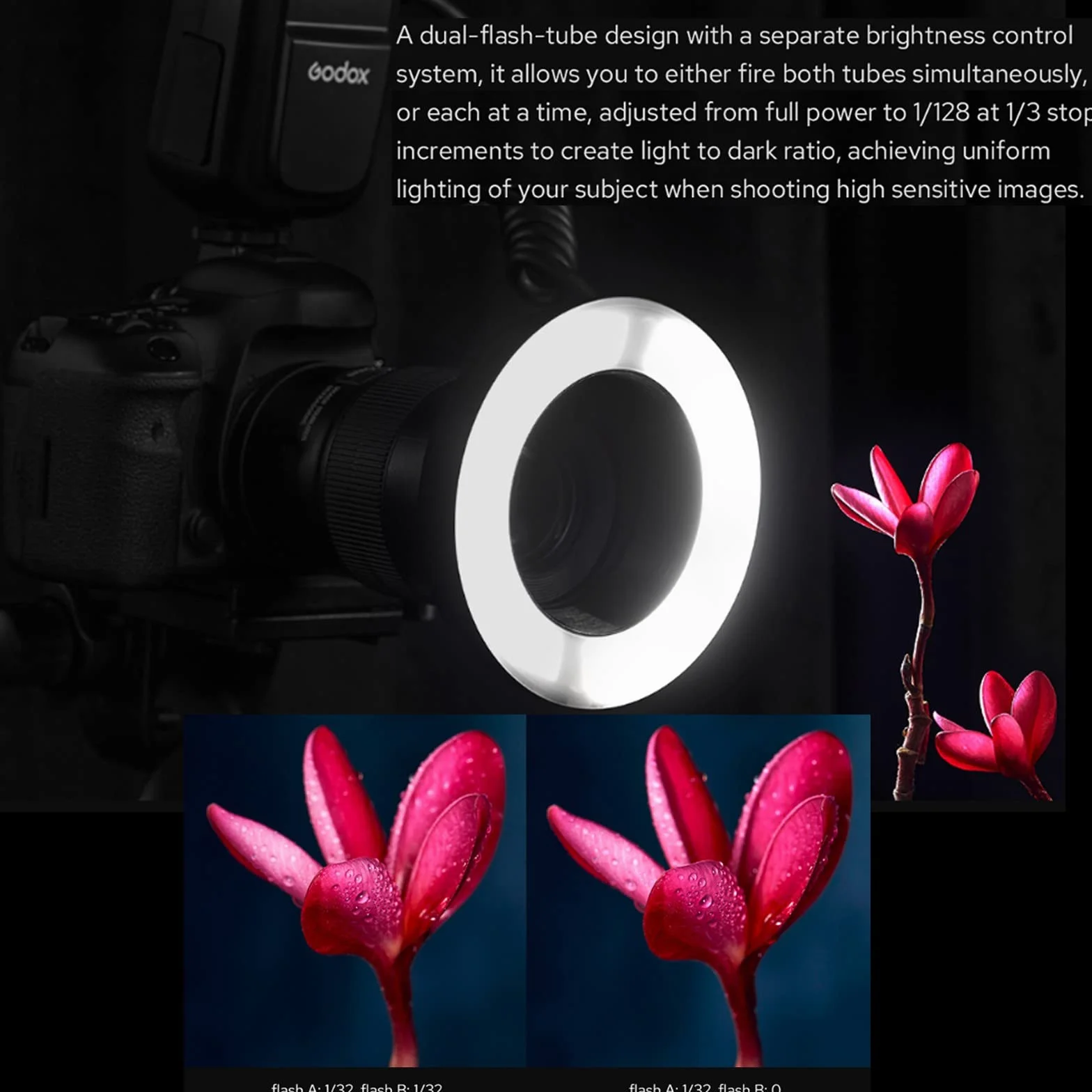 GODOX MF-R76 Anello LED Macro Speedlite 76Ws 660 Tubi Dual-Flash a piena potenza Regolazione della potenza da 1/128 a 1/1 10 livelli di rapporto di potenza per fotocamere DSLR Canon Nikon Sony Fuji