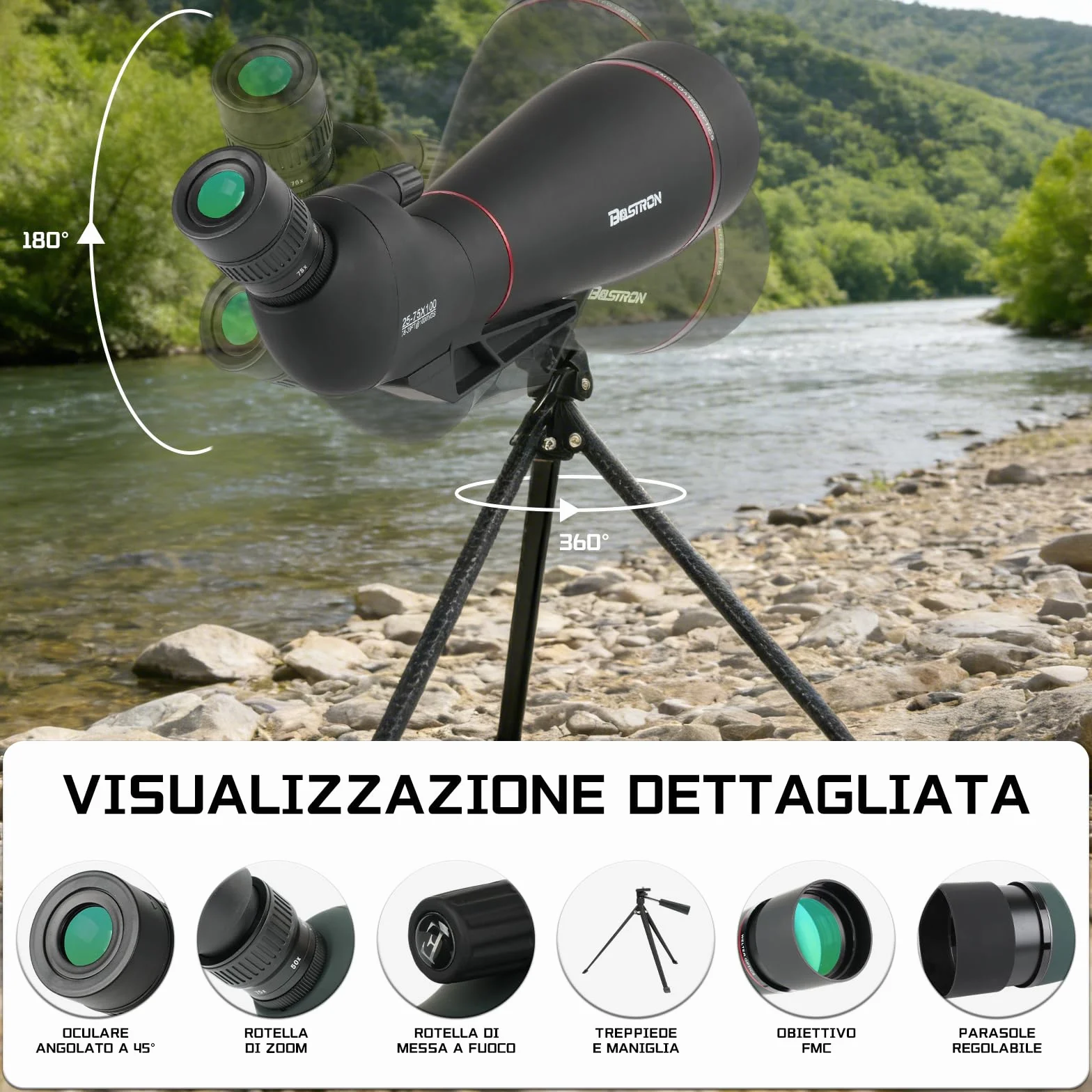 25-75x100mm Cannocchiale con Treppiede,HD FMC Impermeabile,Cannocchiale Terrestre con Adattatore Telefono Borsa, per Tiro a Segno Tiro, con l'arco Birdwatching
