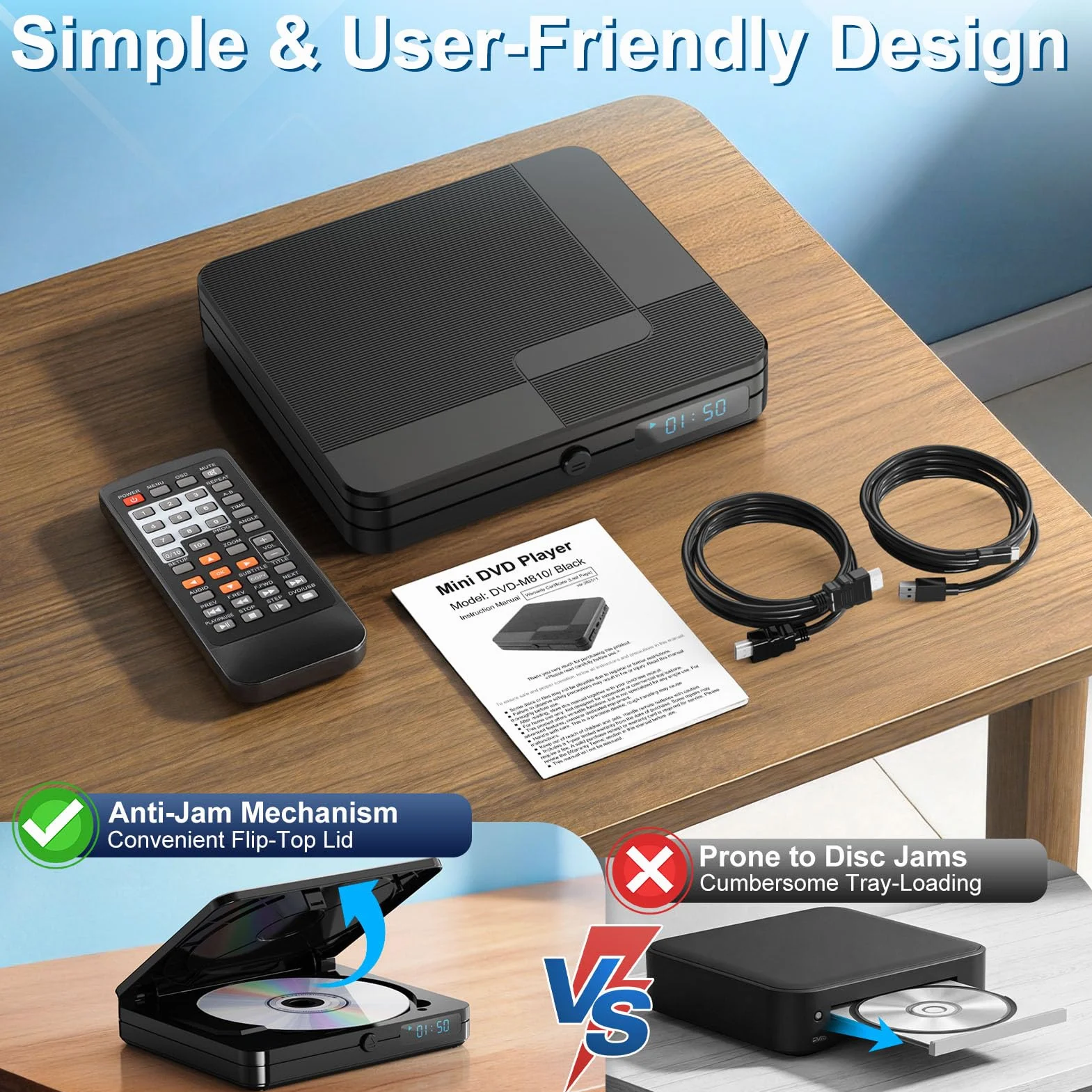 Mini lettore DVD con telecomando – All Region Free 1080P HD Piccolo lettore CD DVD compatto per Smart TV e proiettore, dispone di uscita HDMI, jack per cuffie, ingresso USB 2.0, supporto PAL