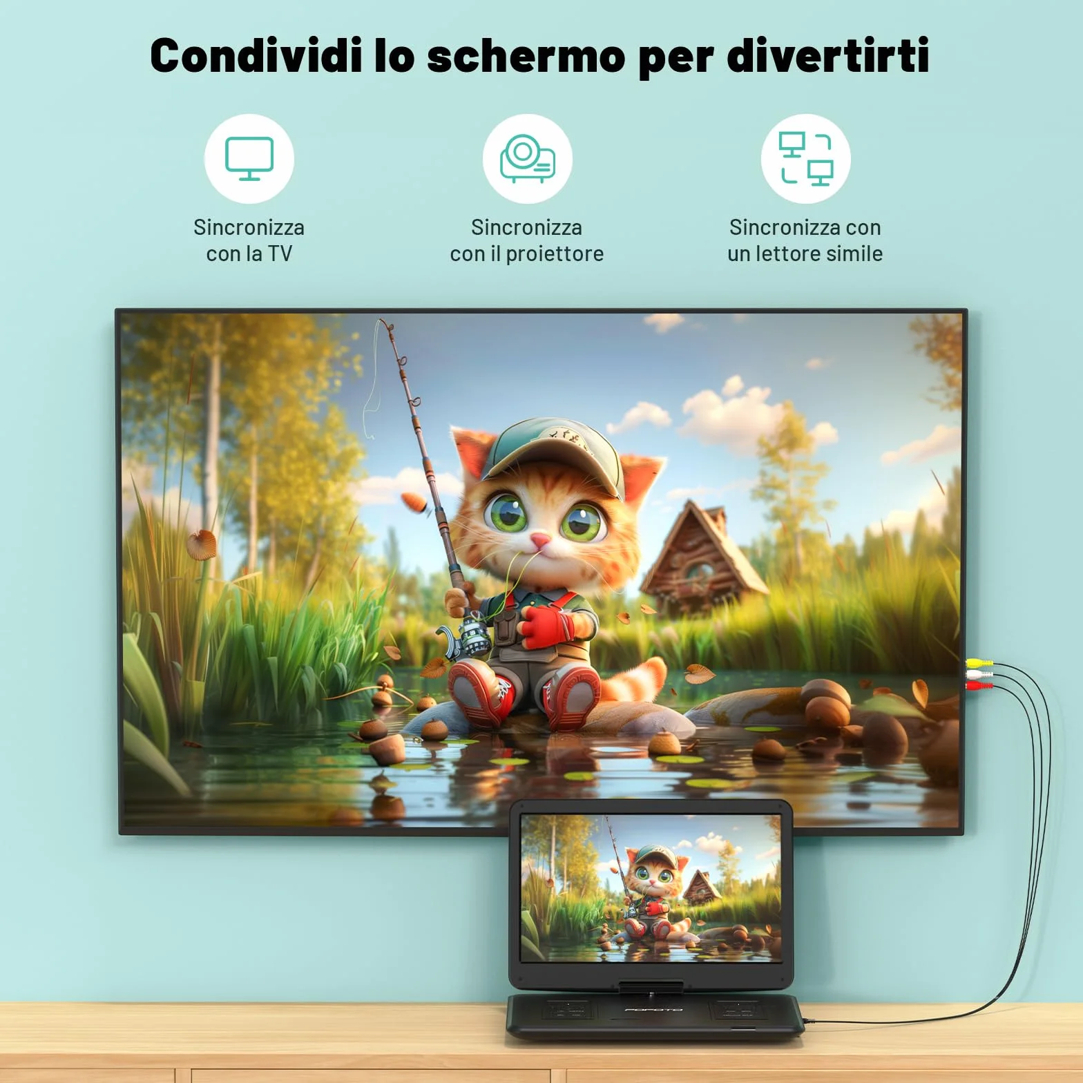 Lettore DVD Portatile 17,5" Schermo Rotante HD 15,6" Autonomia 6 Ore USB SD Sync TV Antishock Nero