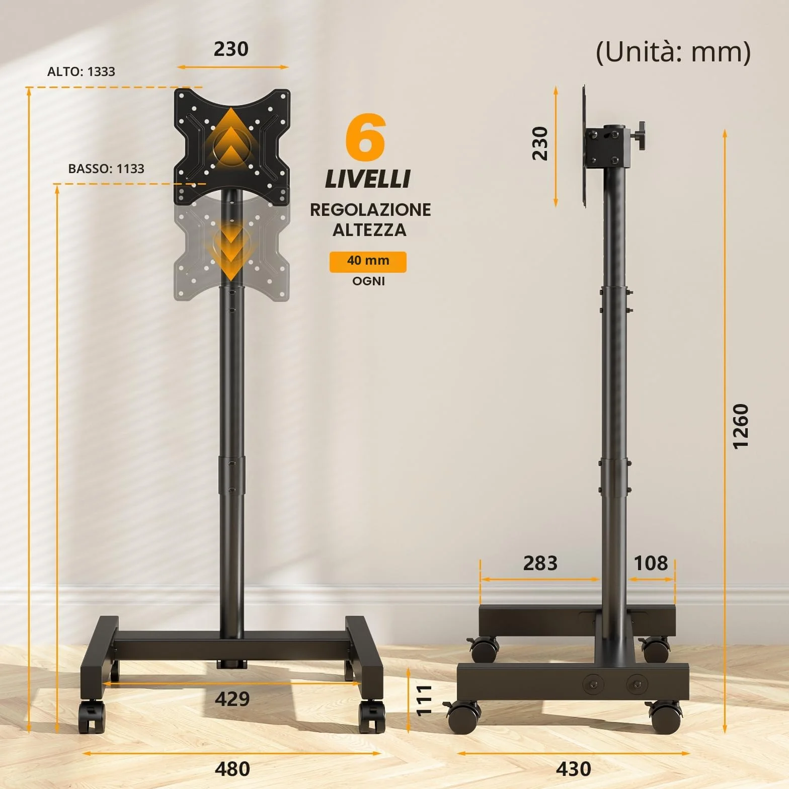 TVON Porta TV con Ruote Per Schermi Plasma/LCD/LED 13-50 Pollici, Girevole Supporto TV da Pavimento Regolabile in Altezza Carrello con Ruote Fino a 20 kg, Max. VESA 200 x200 mm, Nero