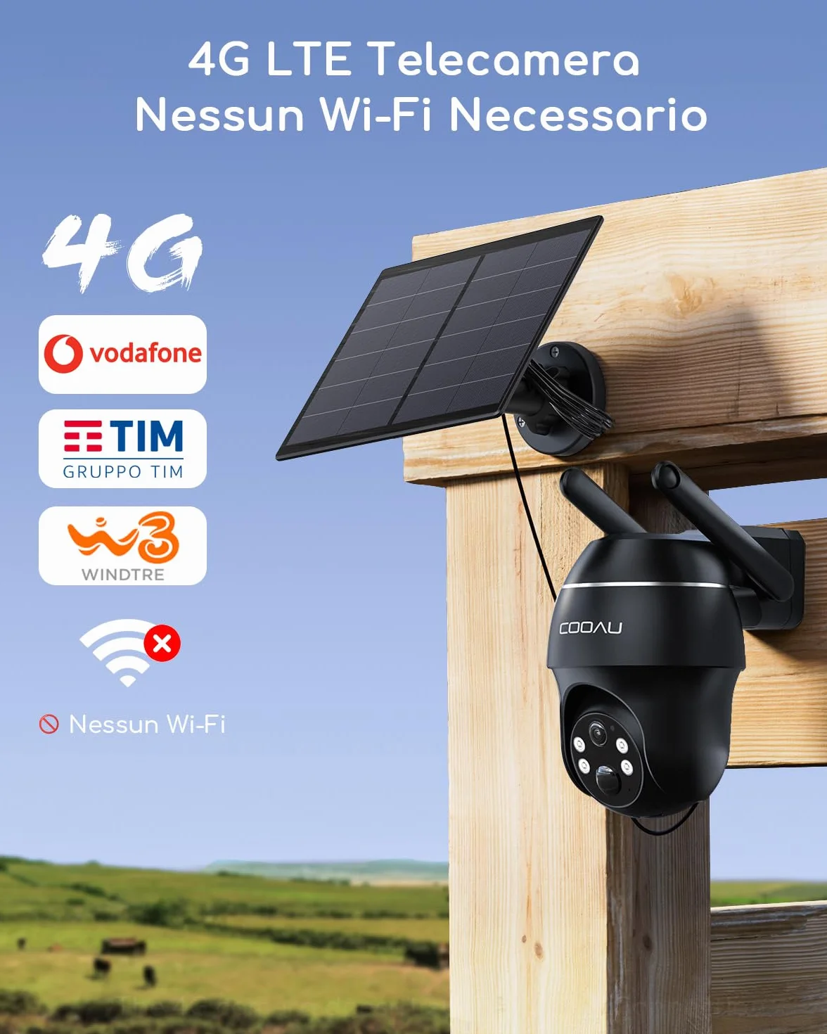 COOAU 4G Telecamera Esterno con SIM e pannello solare,2K Telecamere Batterie Senza Fili,360°PTZ Videocamera Sorveglianza,Visione Notturna a Colori,Audio Bidirezionale,IP66