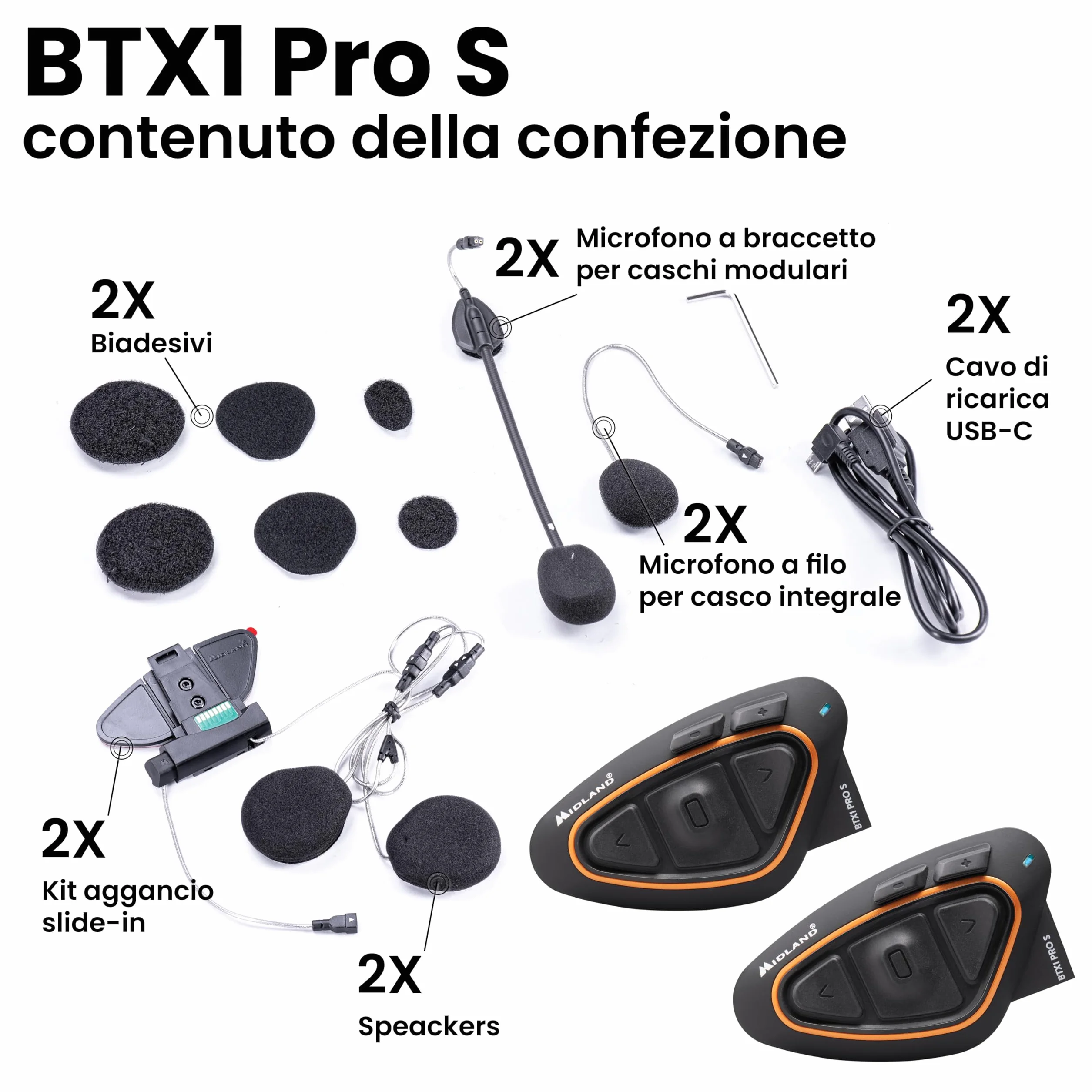 Midland BTX1 Pro Twin C1230.16, Interfono Moto Bluetooth Doppio, Auricolari Casco Impermeabili IPX6, Cancellazione del Rumore, Moto a Moto, Batteria 23h, Portata 300 m, Web Radio via App.