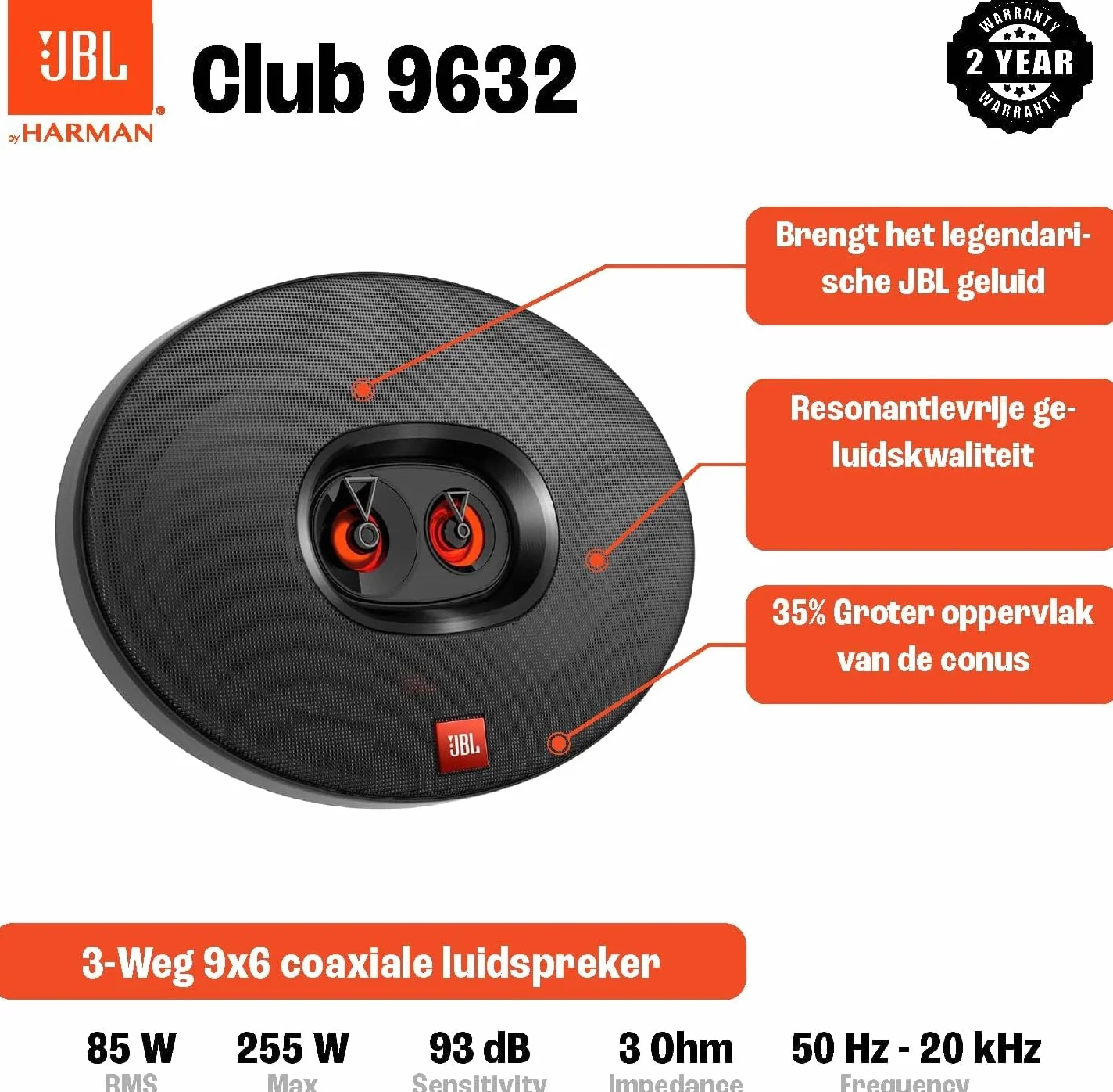 JBL Club 9632 - 3-Vie Casse Auto Set di Harman Kardon - 255 Watt impianto stereo auto ovale Altoparlanti auto da 15.2 x 23 cm | 6x9" pollici