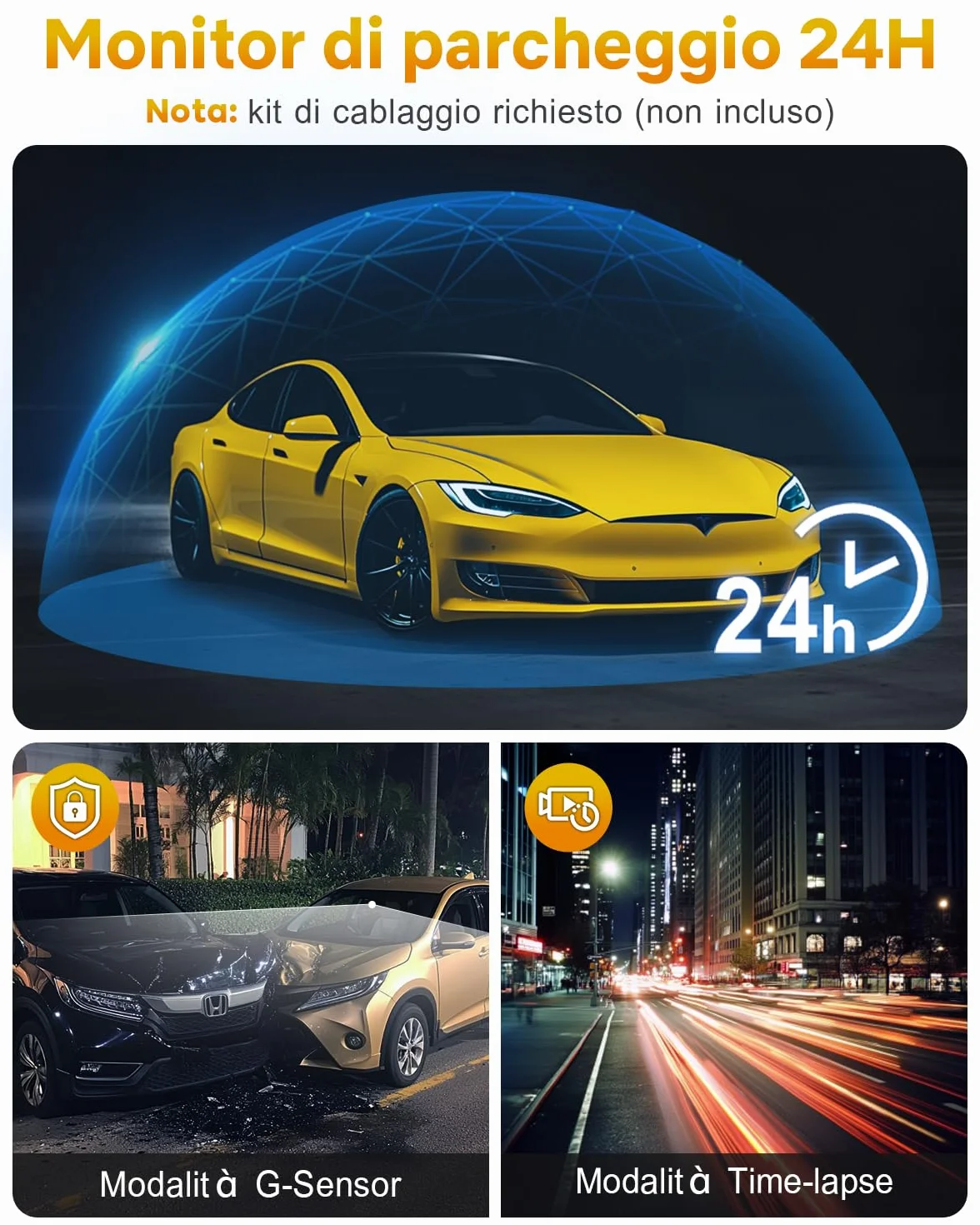 GKU Dash Cam Auto 4K,Dash Cam con UHD 2160P,DashCam Auto con WiFi integrato,Scheda SD 64G,24H Parking Monitor DashCam,Super Visione Notturna,170°Grandangolo,WDR,G-Sensor,Registrazione in Loop,Max 256G
