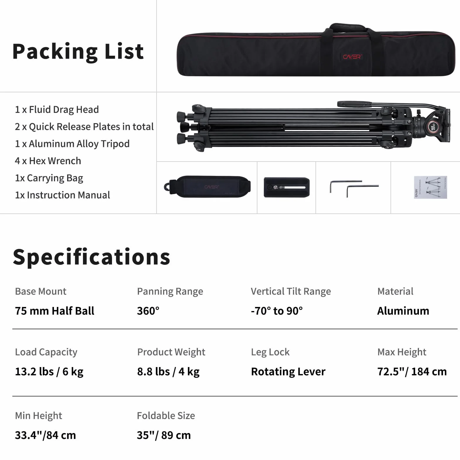 Cayer Video Tripod System, BV30L 72 pollici - Treppiede in tubo doppio di alluminio per impieghi gravosi professionale, testina fluido K3, caricamento massimo 13,2 lb, camcorder DSLR