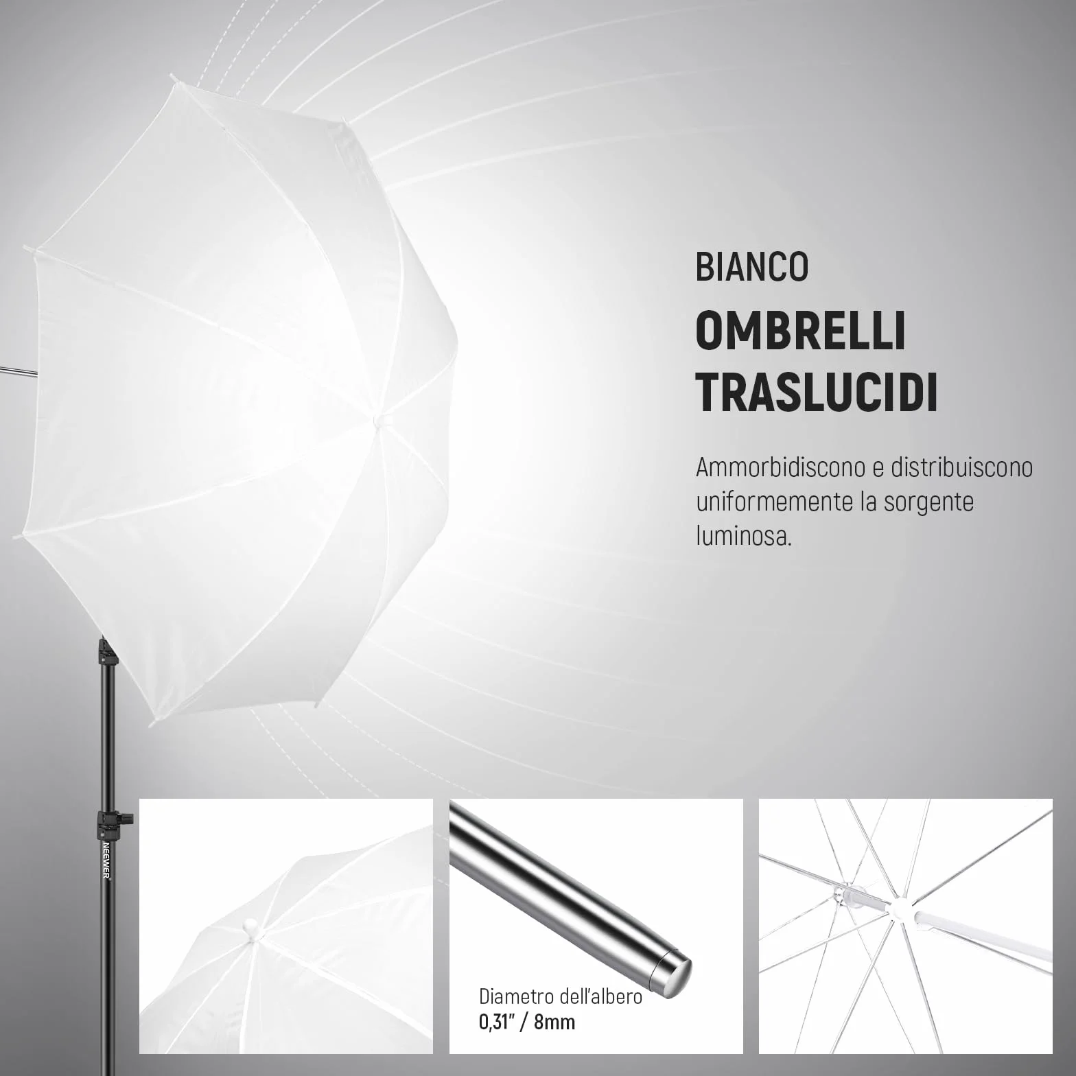 NEEWER Kit di Illuminazione Fotografica 600W,Equivalente a Incandescenza con 2 Ombrello Bianco,2 Ombrello Nero, 3 Lampadina LED da 24W,3 Stativo per Luce, 2Borsa, 5 Fascetta,3 Base per Presa E27,NK500