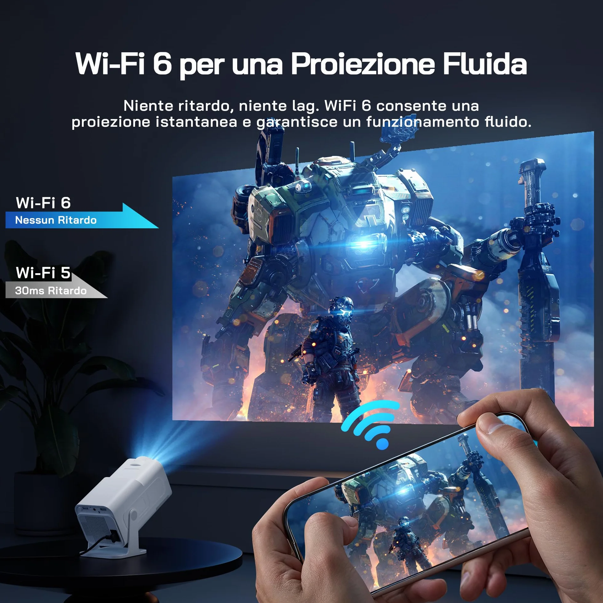 WOLFANG 4K Mini Proiettore【App Integrata/Netflix Ufficiale】, 26000 Lumen Proiettore Portatile con WiFi 6, 50% Zoom, Ruotabile 180° Videoproiettore per Home Theater/TV Stick/iOS/Android/PC/PS5/HDMI/AV
