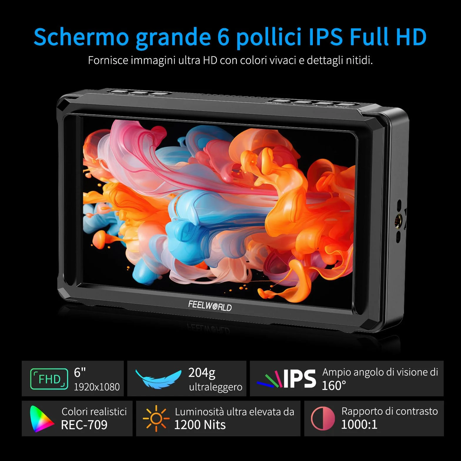 FEELWORLD FW568PRO 6 Pollici Monitor da Campo,1200nit DSLR Monitor Fotocamera con batteria F750 e borsa per il trasporto 4K HDMI, 3D Lut Focus Peaking Assist Full Waveform Video Field Monitor