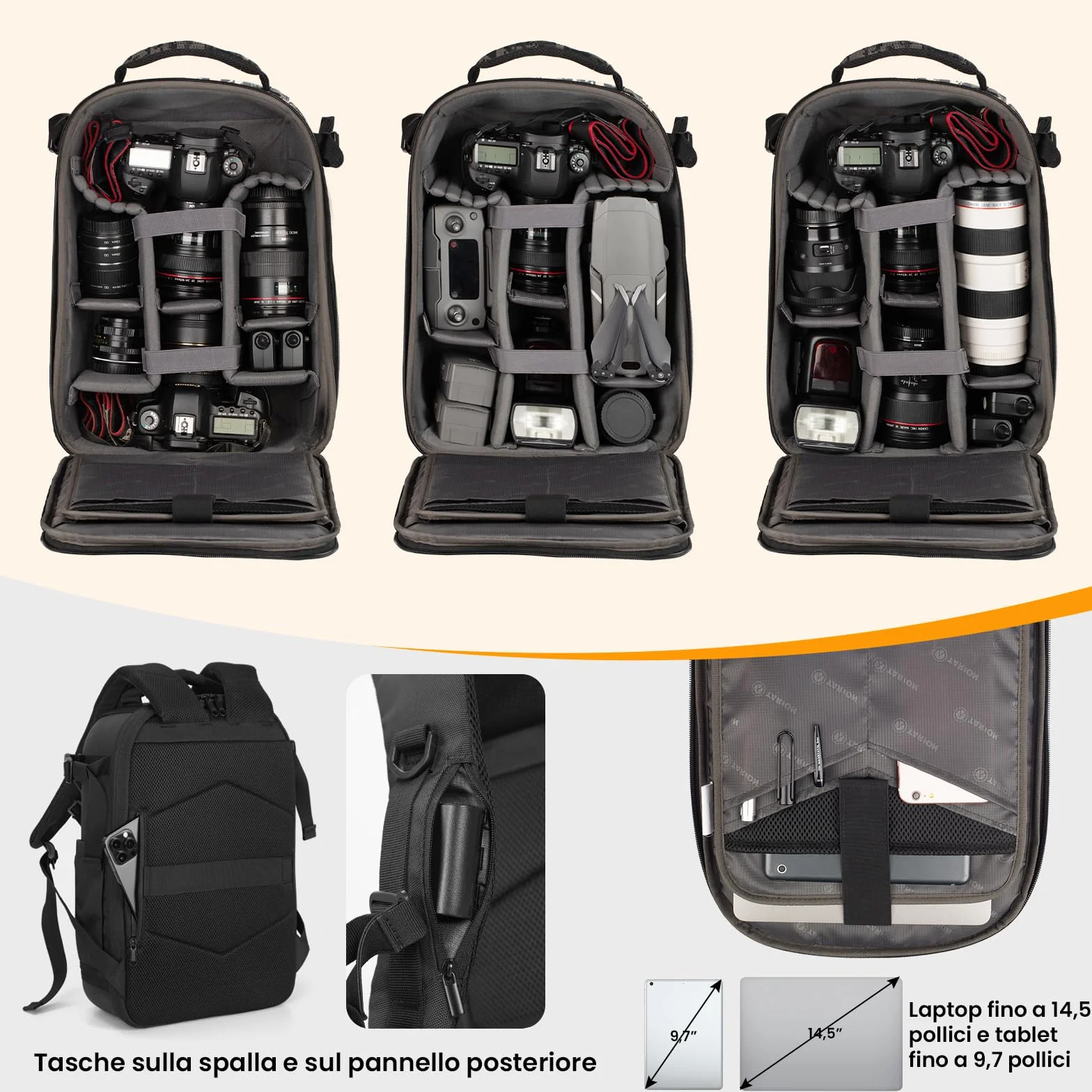 TARION Zaino per fotocamera, zaino fotografico con guscio rigido, borsa per fotocamera con scomparto per laptop da 15" e copertura antipioggia, zaino per droni DSLR SLR fotocamere accessori