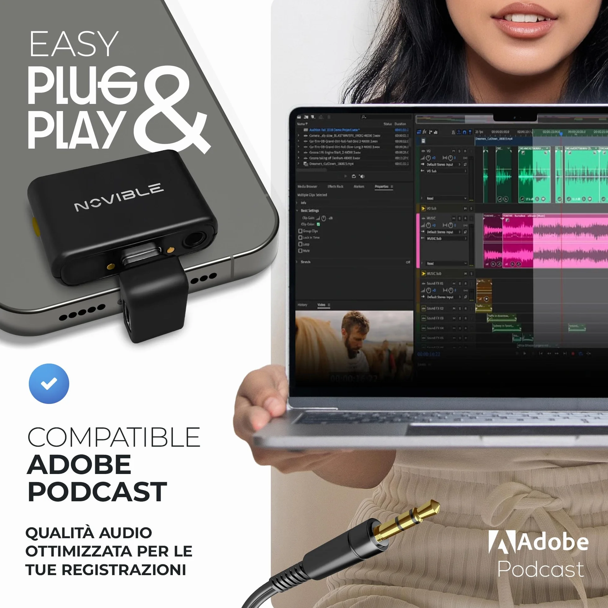 Microfono Lavalier Wireless per iPhone, Android, Fotocamera, PC - Audio Chiaro, Cancellazione Rumore, Portata 100 m - Autonomia 25 h con Custodia di Ricarica