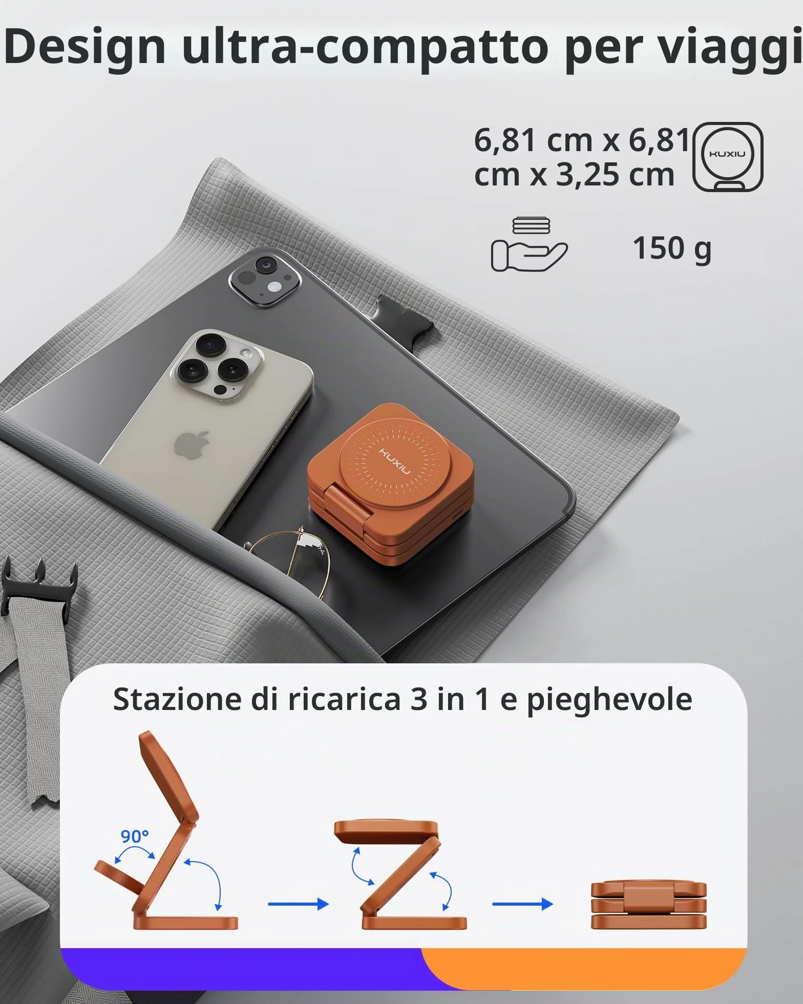 KU XIU X55 Turbo Qi2.2 25W Caricatore Wireless per Magsafe, Pieghevole Stazione di Ricarica 3 in 1, Magnetico Wireless Charger Base per iPhone 17-12 & Watch & AirPods, Adattatore incluso, Arancio