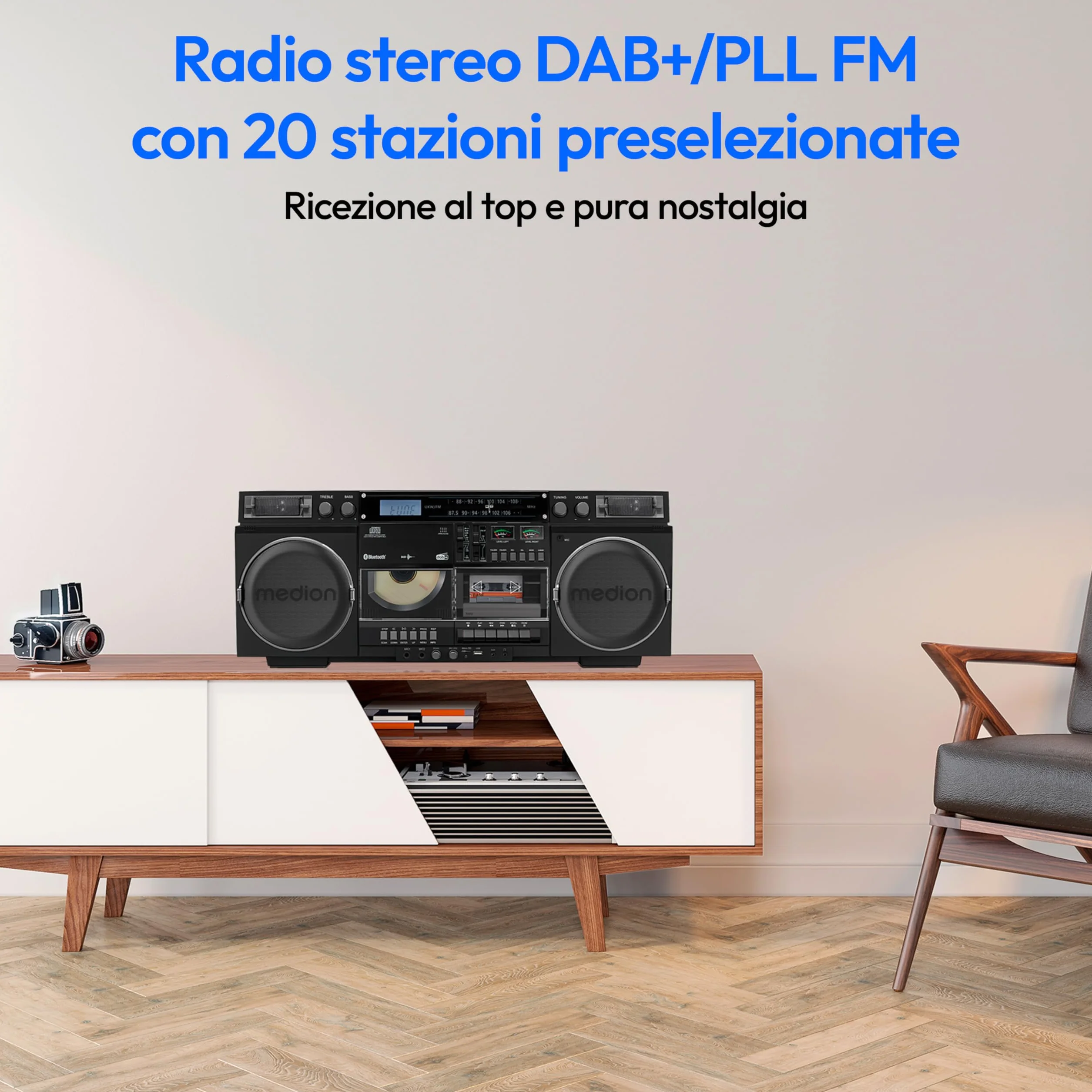 MEDION Registratore a cassette P66538 Ghetto Blaster retrò con lettore CD, Bluetooth, DAB+, USB, SD