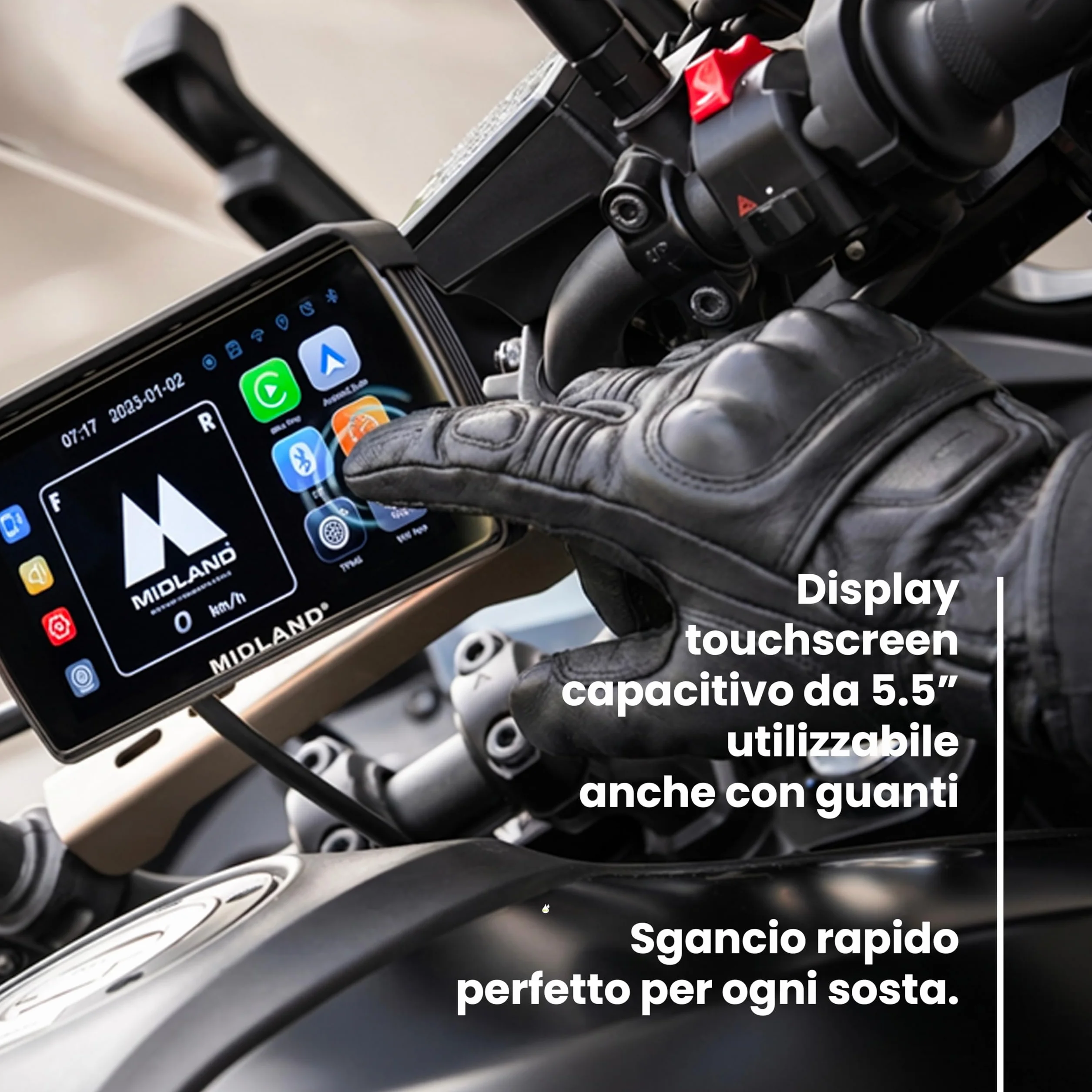 Midland - Bike Play Pro, Accessori Moto con Compatibilità Bluetooth Android Auto - Navigatore Moto con Mirroring, Touchscreen 5.5" Anche con Guanti e Comandi Vocali, Accessorio Retroilluminato