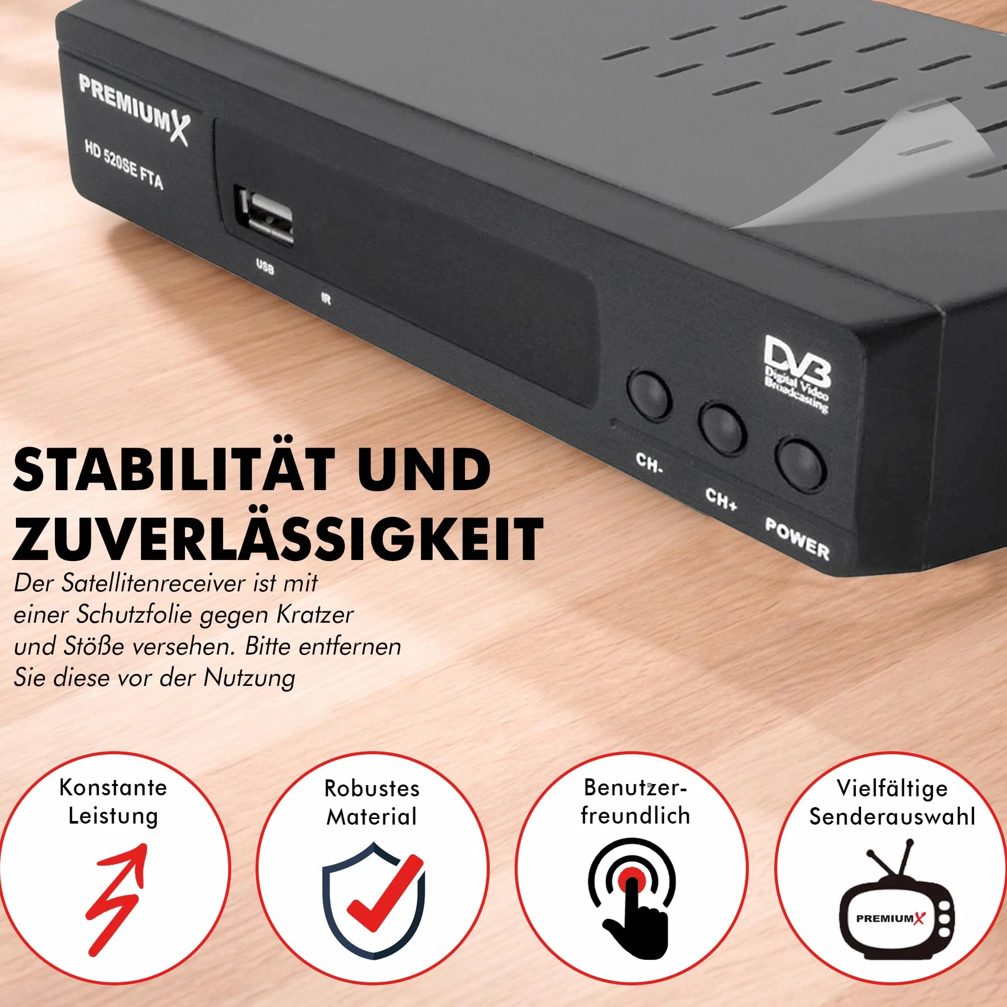 PremiumX Ricevitore satellitare HD 520SE FTA Digital SAT TV Receiver DVB-S2 FullHD HDMI SCART USB lettore multimediale, Astra Hotbird preprogrammato
