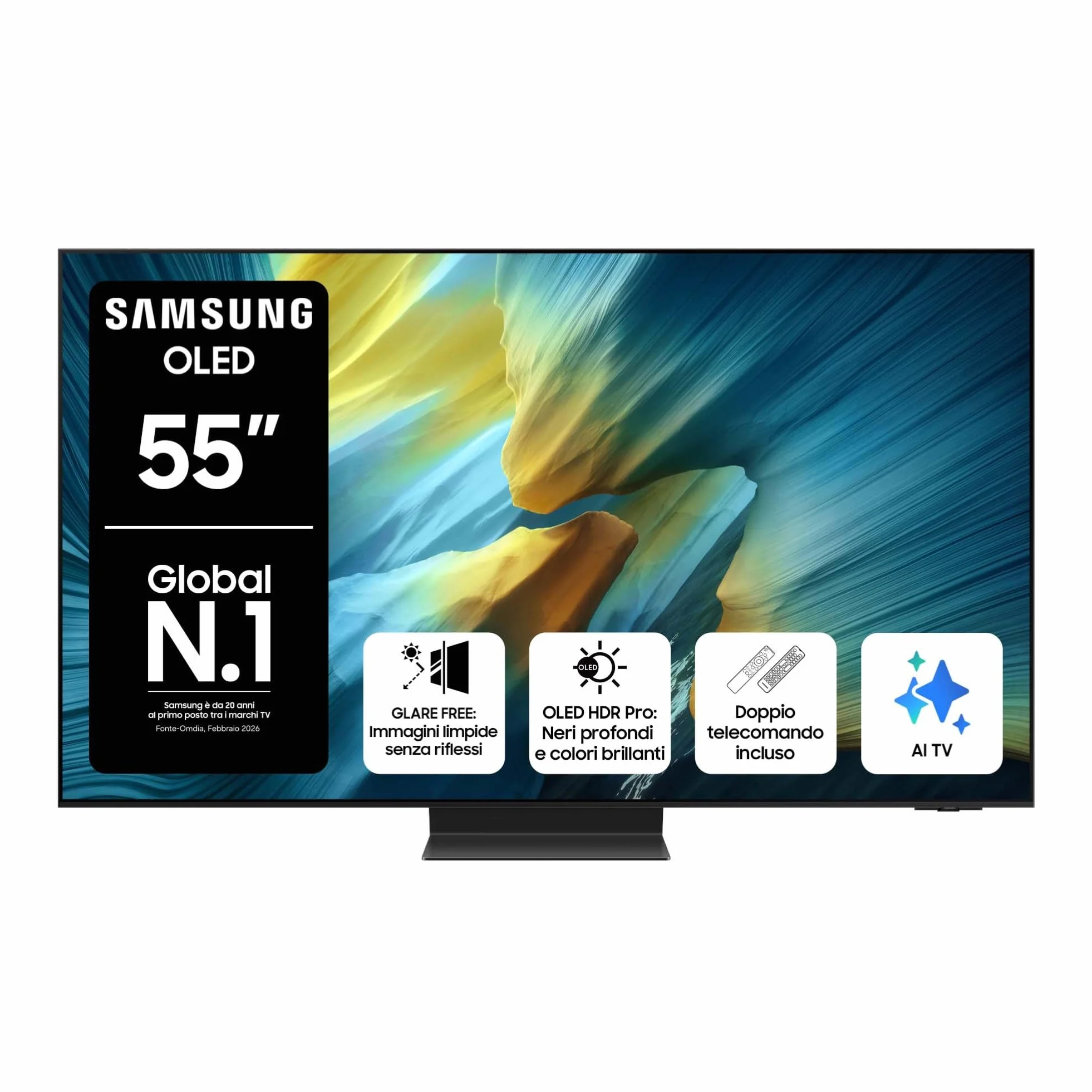 Samsung OLED 4K Vision AI Smart TV 55'' QE55S95FATXZT, NQ4 AI Gen4 Processor, 4K AI Upscaling, Glare Free, Dolby Atmos & OTS+, Infinity One Design, PACCHETTO INTRATTENIMENTO, 2025