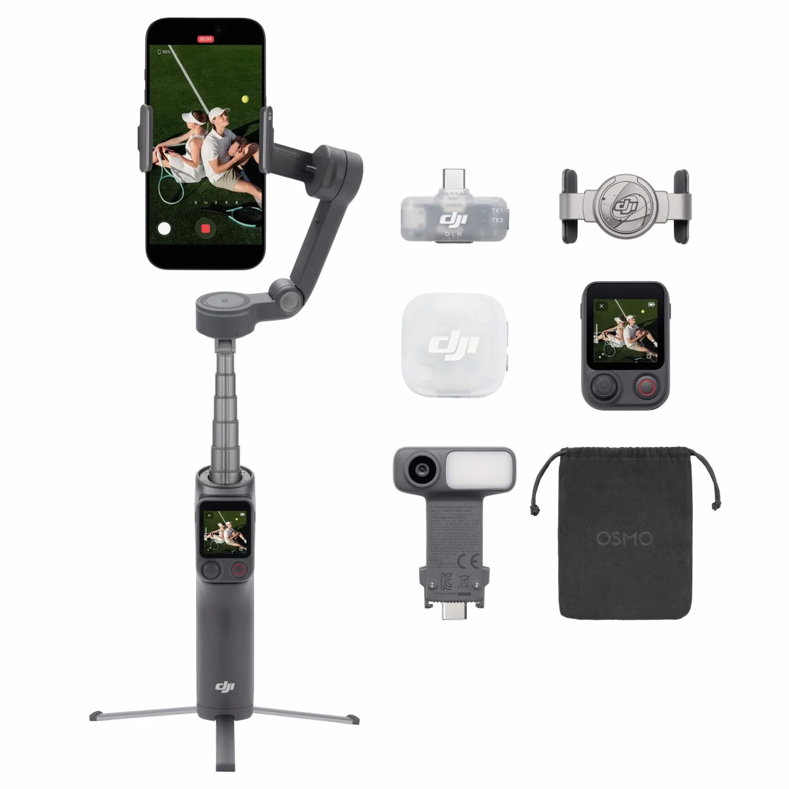 Osmo Mobile 8P + Trasmettitore Mic Mini 2, stabilizzatore per iPhone e Android, microfono wireless, audio ricco di dettagli, DJI OsmoAudio, cancellazione attiva del rumore, stabilizzazione su tre assi