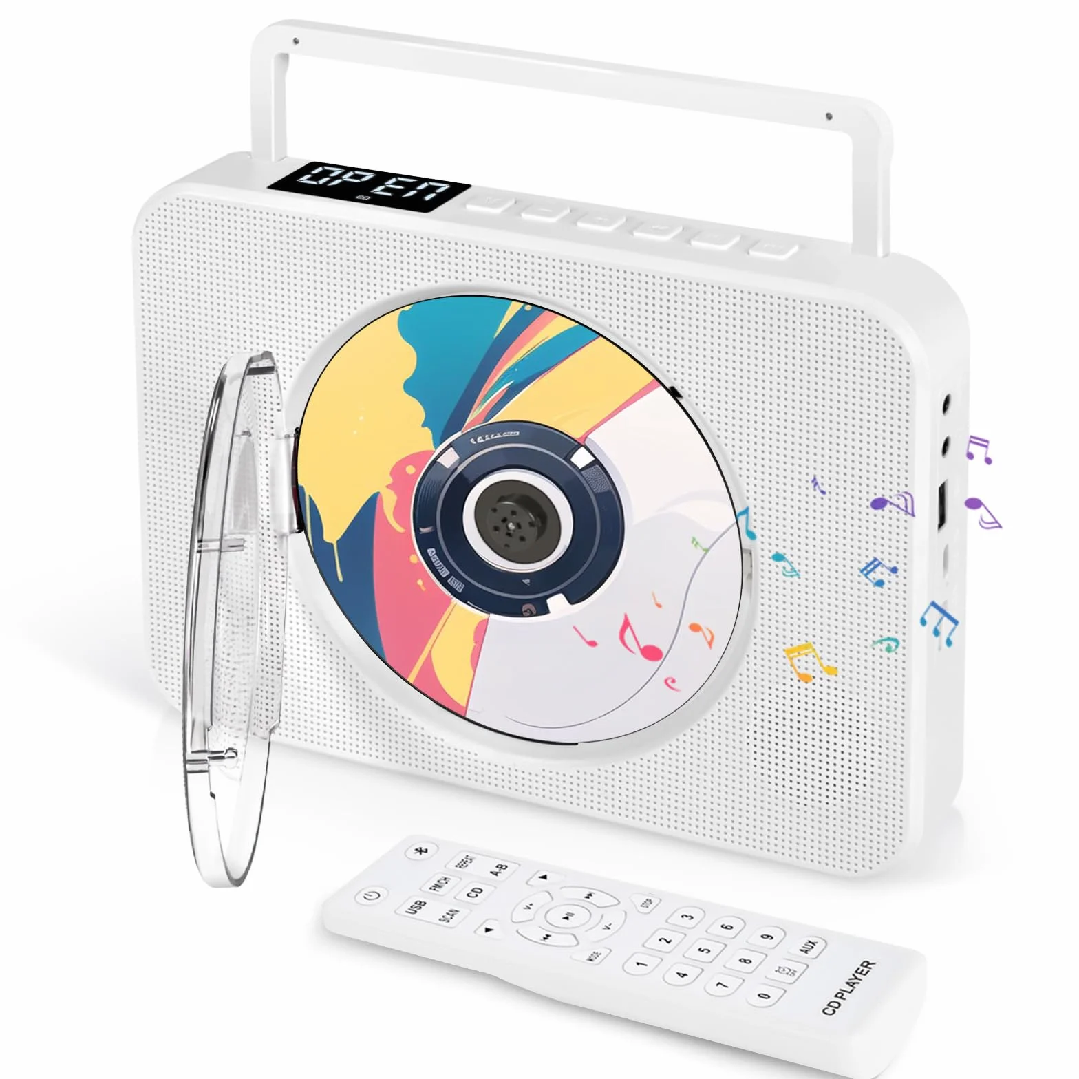 Lettore CD Portatile Bluetooth, lettore CD HIFI Stereo con supporto da tavolo, lettore musicali con telecomando con doppi altoparlanti HIFI integrati, porta USB, presa per cuffie AUX da 3,5 mm