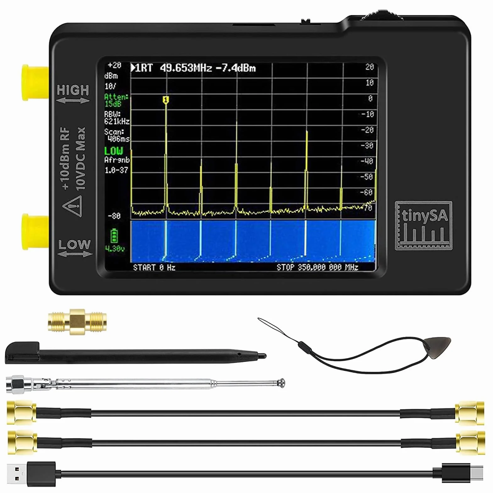 Analizzatore di spettro portatile AURSINC V0.3.1, 100 kHz-960 MHz, FM/MF/HF/VHF/UHF, touchscreen 2,8 pollici, protezione ESD