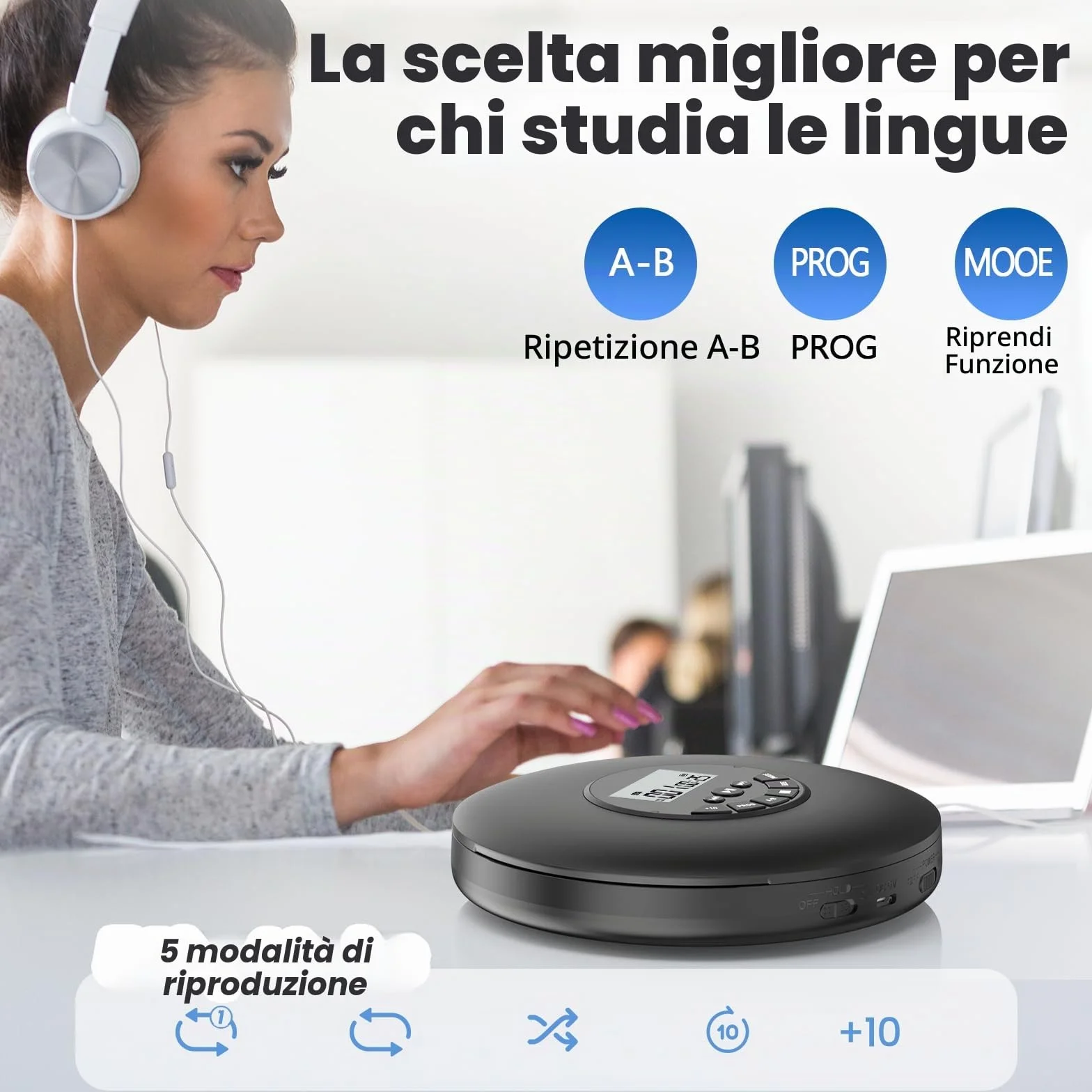 Arafuna Lettore CD portatile Compact Discman Personal Music Player Anti-Skip Protection Tracce programmabili Auricolari inclusi