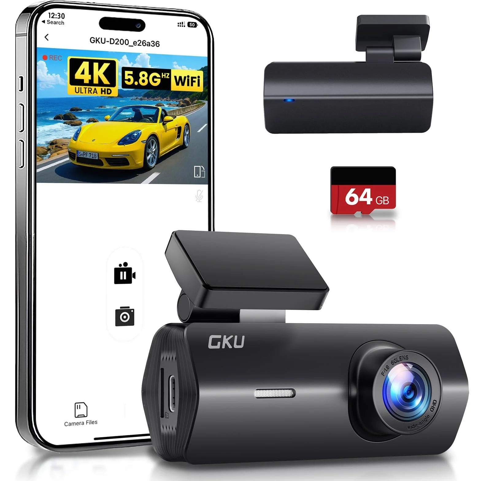GKU Dash Cam Auto 4K,Dash Cam con UHD 2160P,DashCam Auto con WiFi integrato,Scheda SD 64G,24H Parking Monitor DashCam,Super Visione Notturna,170°Grandangolo,WDR,G-Sensor,Registrazione in Loop,Max 256G