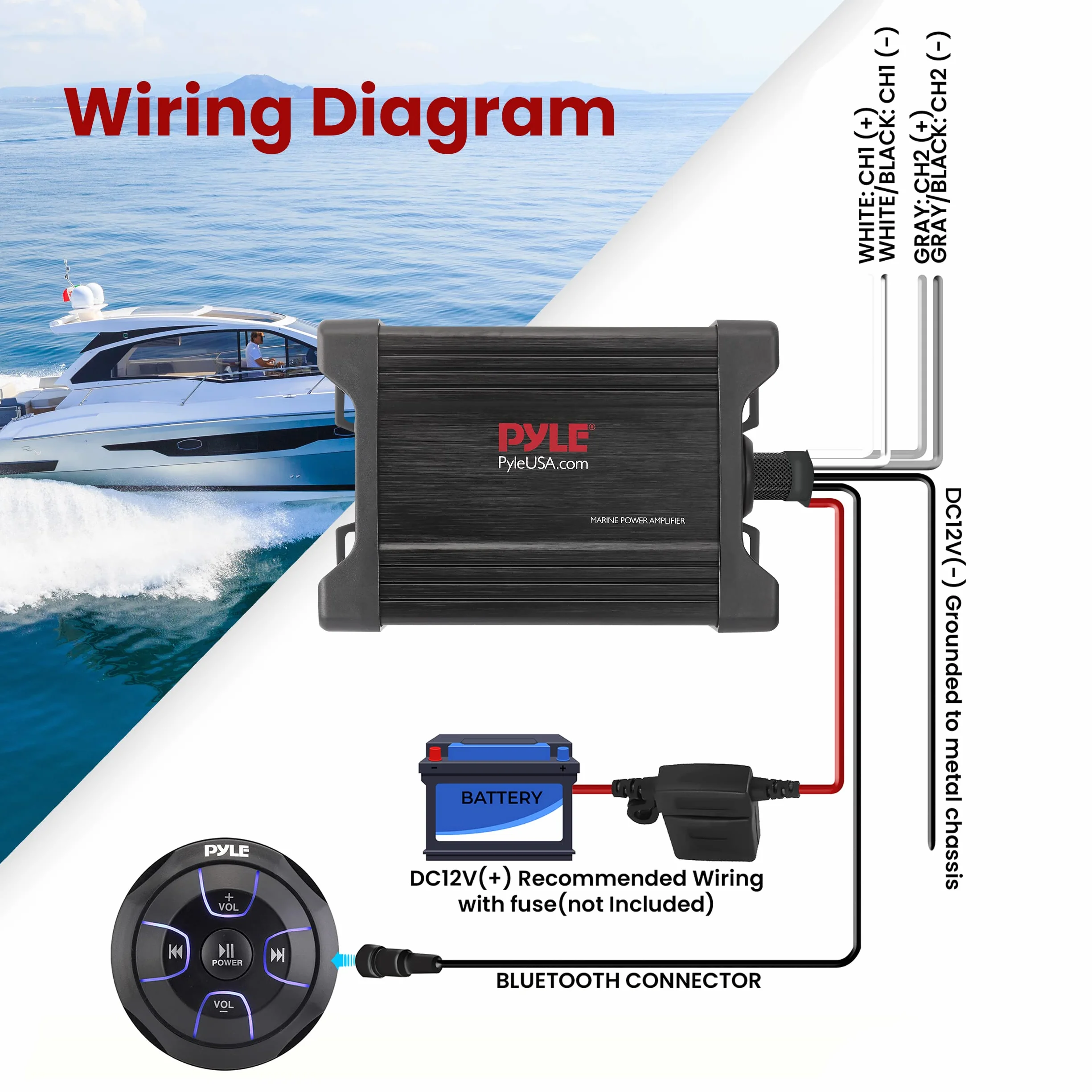 Pyle Marine Grade - Amplificatore Bluetooth a 2 canali, 600 Watt, colore: Nero
