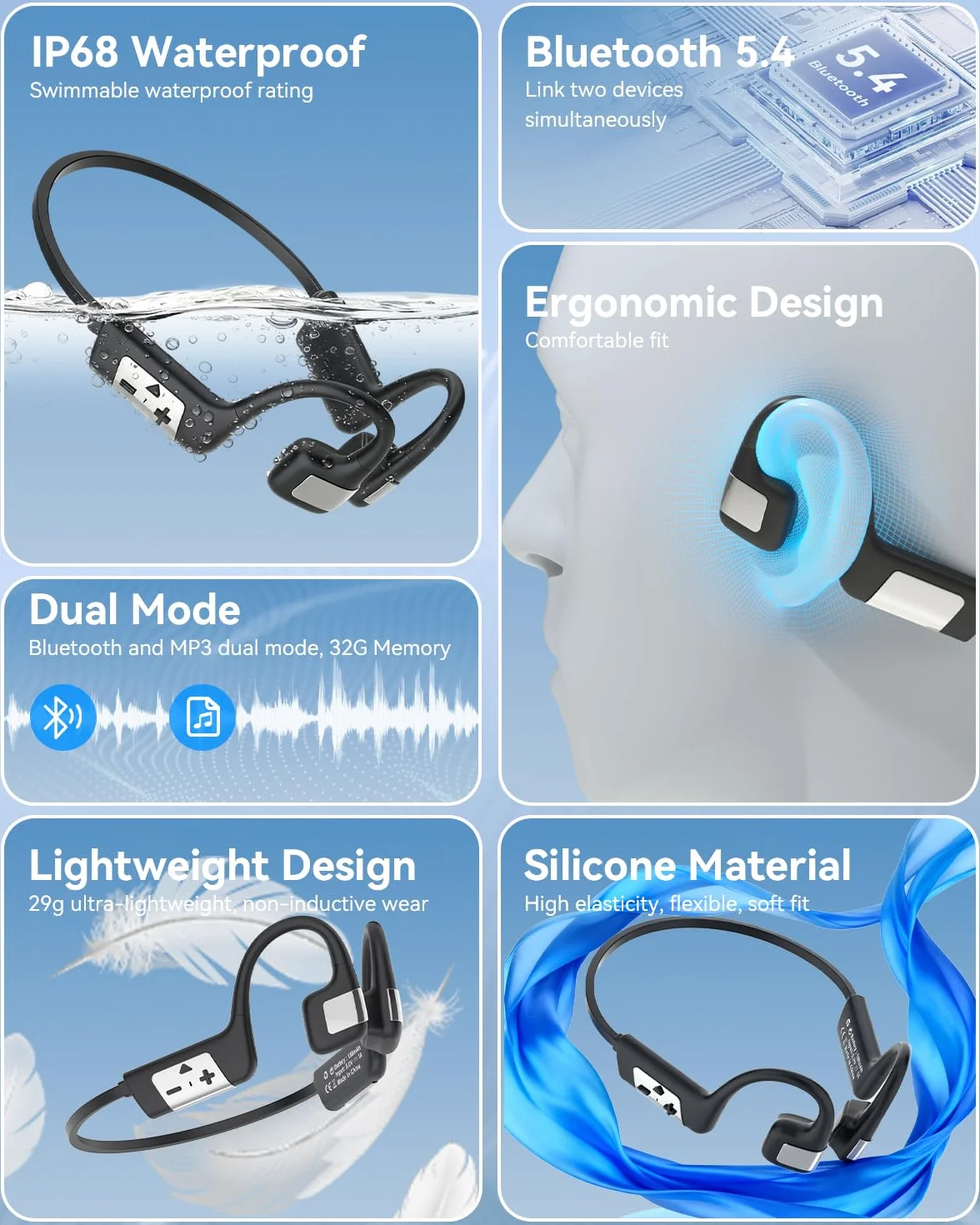 MONODEAL Cuffie Conduzione Ossea Bluetooth 5.4 Subacquee per Piscina IP68 Impermeabile Auricolari MP3 Subacqueo 8G Auricolari Sport per Nuoto, Corsa