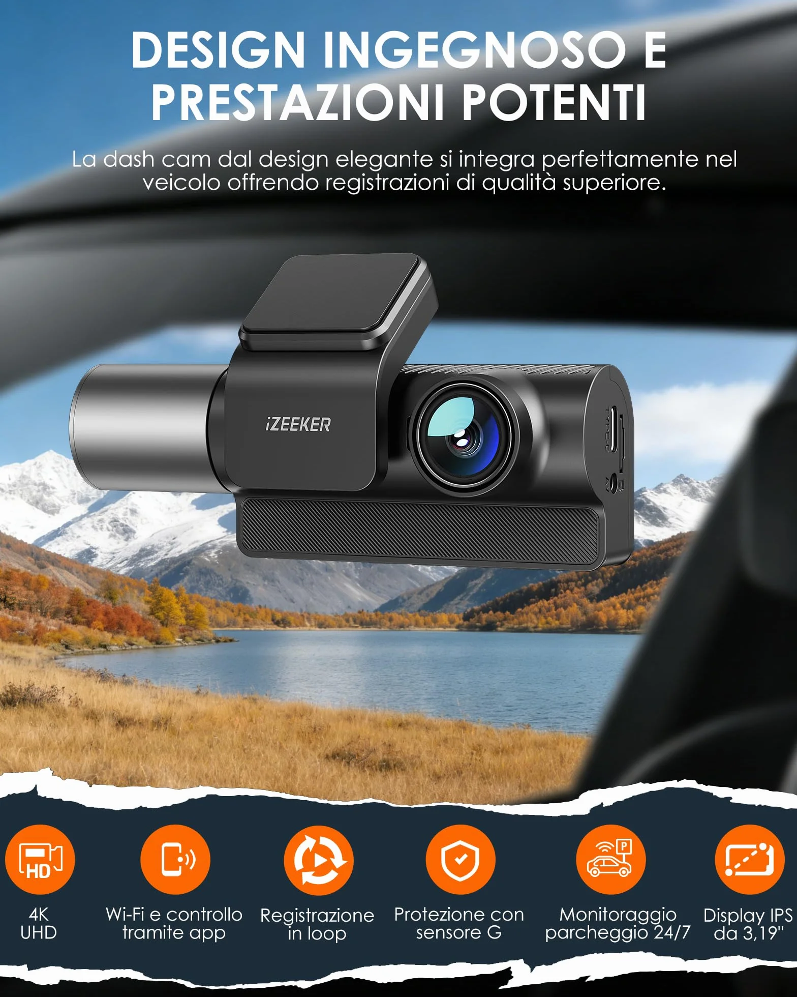 iZEEKER Dash Cam 3 Canali 4K con Scheda da 32GB GRATUITA, 4K+1080P+1080P Anteriore,Posteriore e Interna con WDR, WiFi 6, Angolo Larghezza 170°,Registrazione in Loop,Sensore G,Modalità Parcheggio 24H