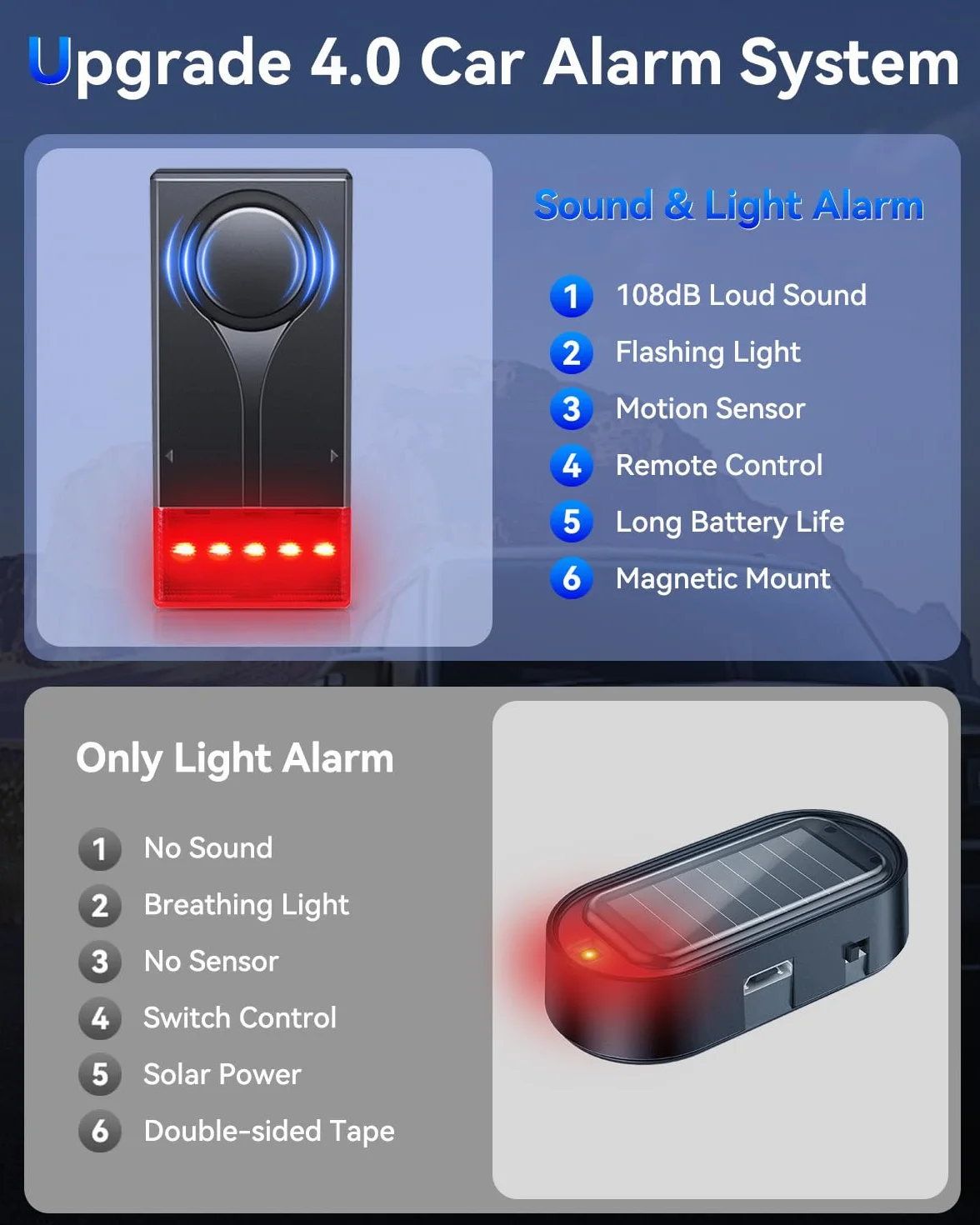 Allarme auto 108 dB antifurto con sensore vibrazione luce rossa telecomando senza fili fissaggio magnetico