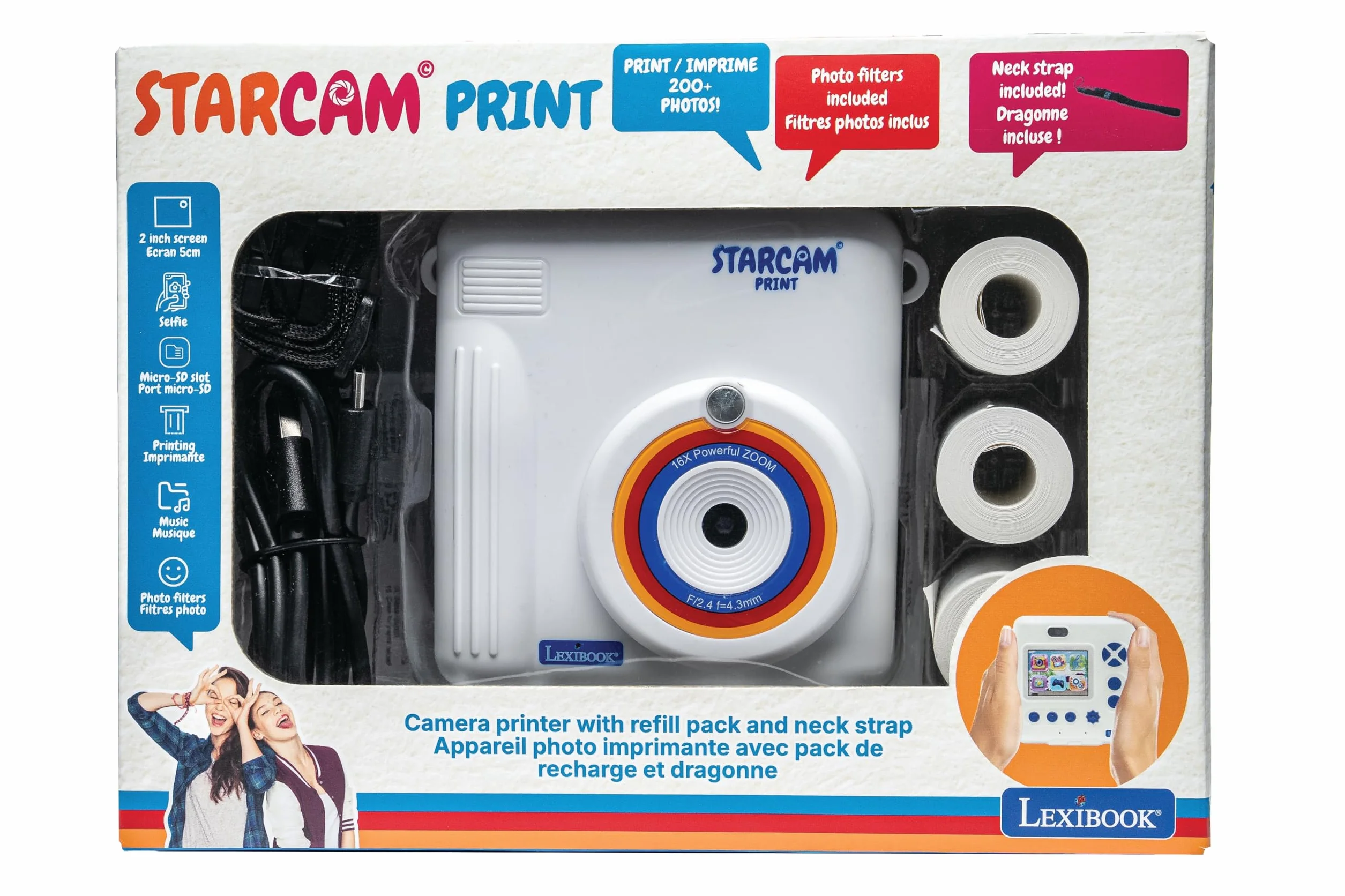 Lexibook, Starcam® Print, Camera Pack with Instant Printer, 3 Paper Rolls and Neck Strap, DJ130