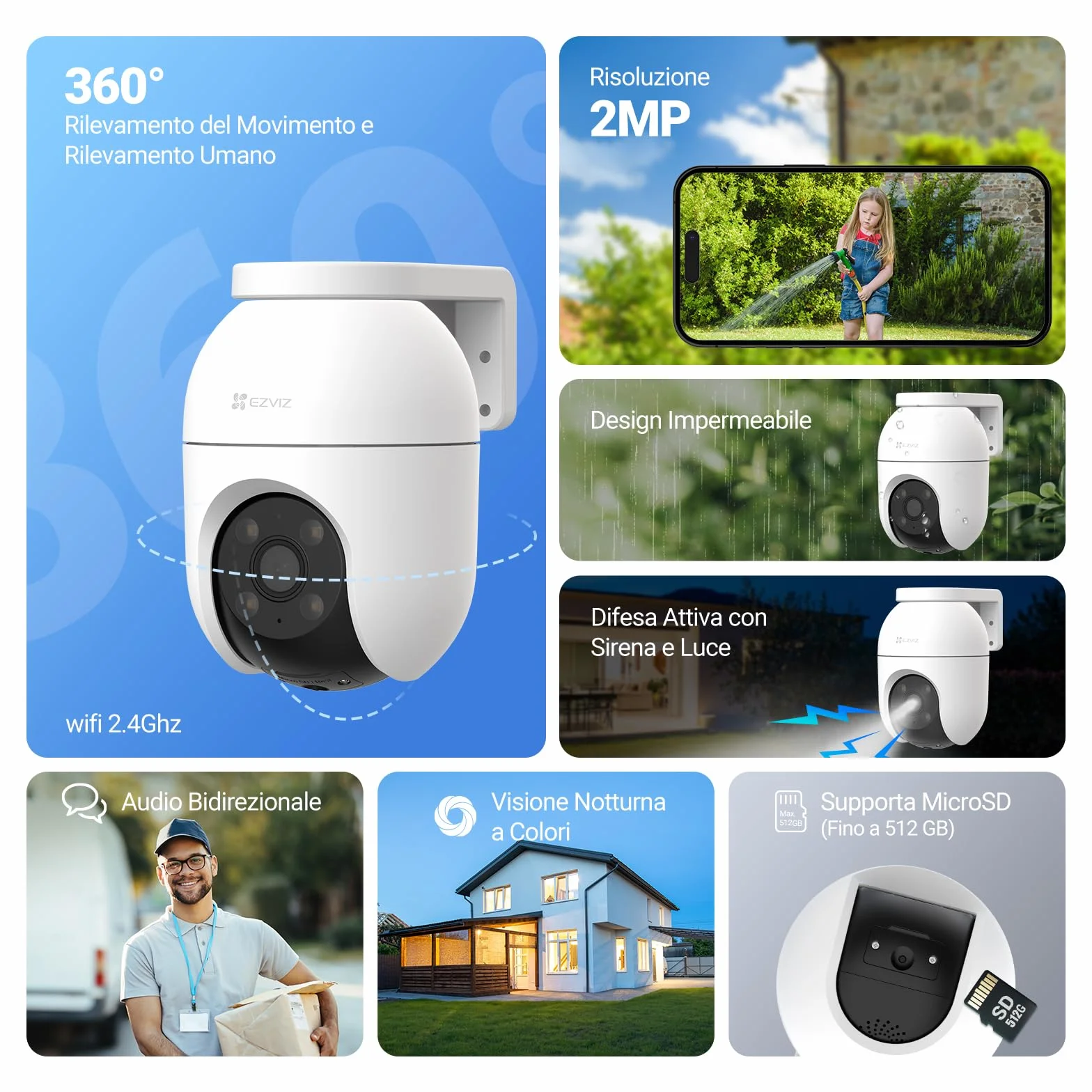 EZVIZ C8c 2MP Telecamera di Sorveglianza Wi-Fi Esterno 360° Auto-Zoom Tracciamento IP65
