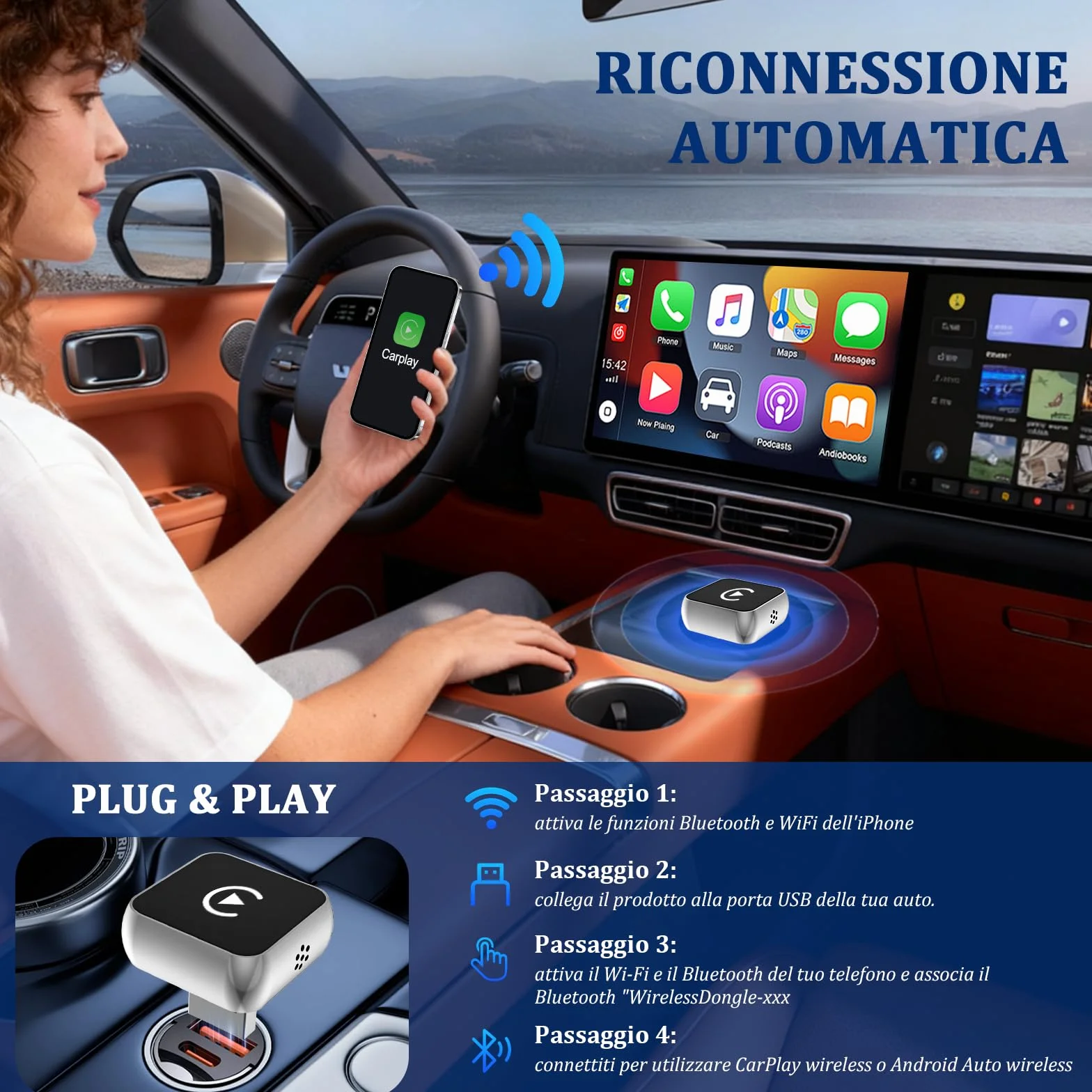 Adattatore Wireless Android Auto CarPlay 2-in-1 USB Type-C per Apple, Chiavetta Dongle Compatibile con iPhone iOS 10+ e Android 11+, Argento