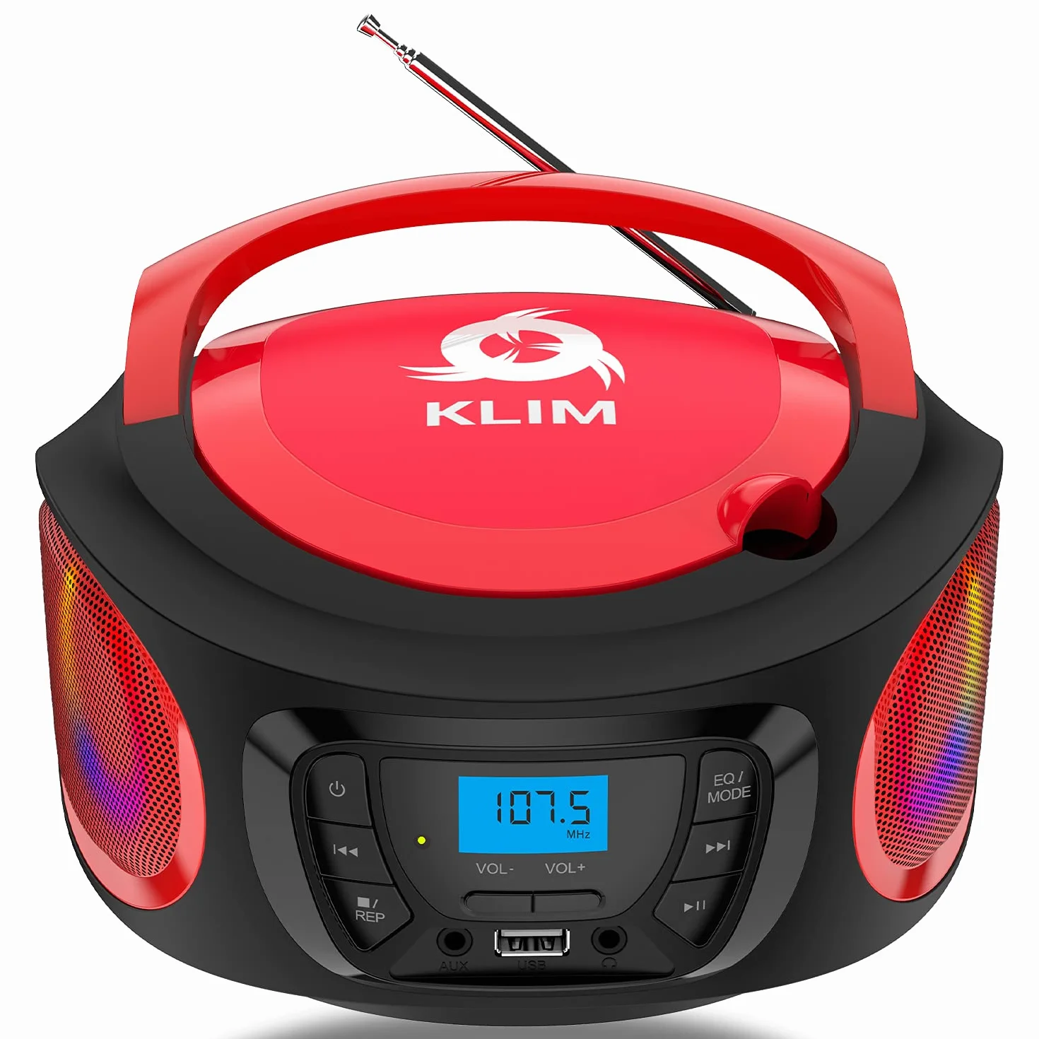 KLIM Boombox – Stereo Portatile Radio portatile FM, lettore cd, Bluetooth, MP3, USB, AUX - Batterie ricaricabili incluse - Connessione AUX e Wireless - Compatto e robusto - NOVITÀ - Rosso