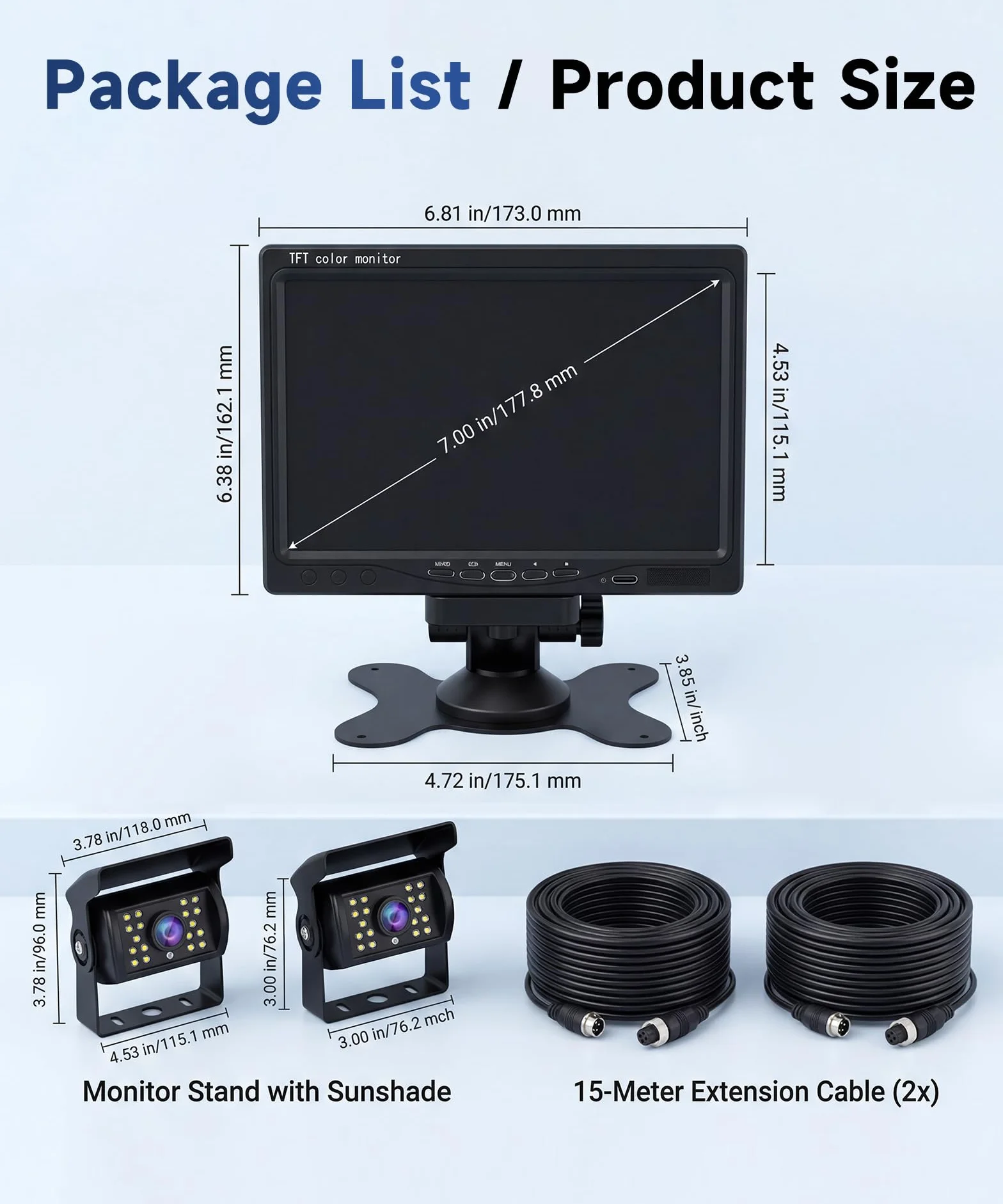 Telecamera Posteriore per Auto con 2 Telecamere, Monitor LCD da 7 Pollici Telecamera per Auto Kit,Impermeabile IP68,18IR Visione Notturna, 10M+15M Cavo Video per Auto/Bus/Camion/Camper/Furgone 12V-24V